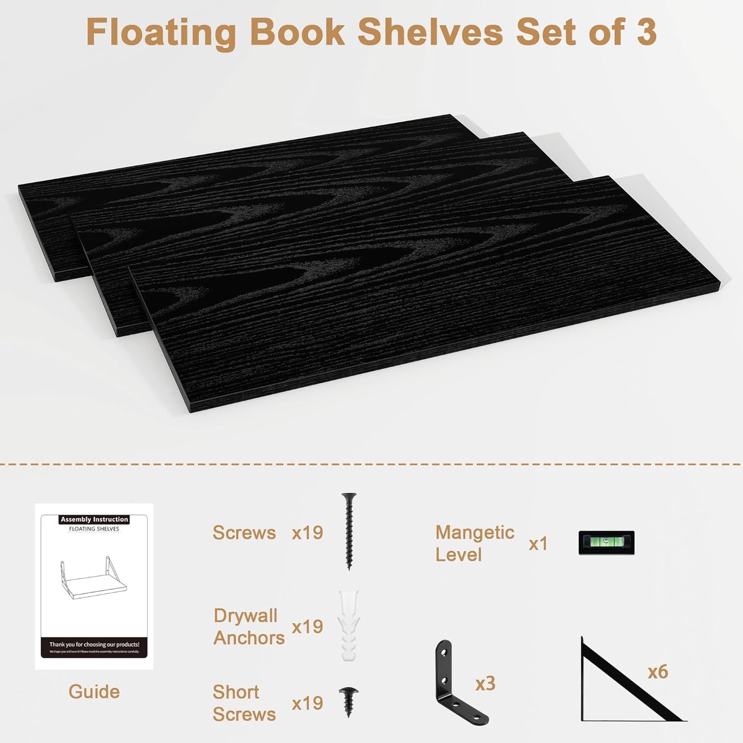 Fun Memories Floating Shelves, 32 x 8 Inches, Set of 3 Wall-Mounted Bookshelves with Metal Brackets, Decorative Storage for Home and Office (Black)