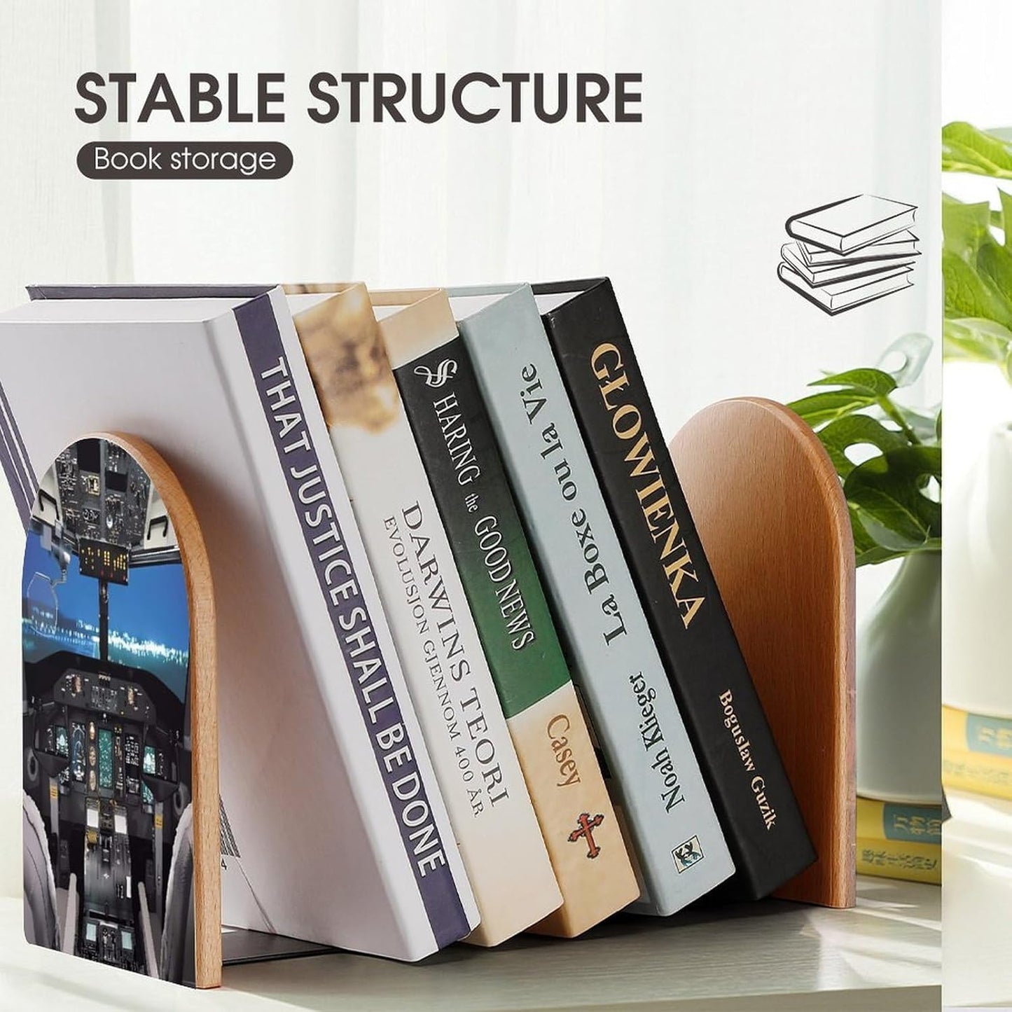 Airplane Cockpit Wooden Bookend Non-Slip Book Ends Heavy Duty Book Stopper with Metal Base Books Holderd Decorative Bookends Stands Firmly for Office Supplies