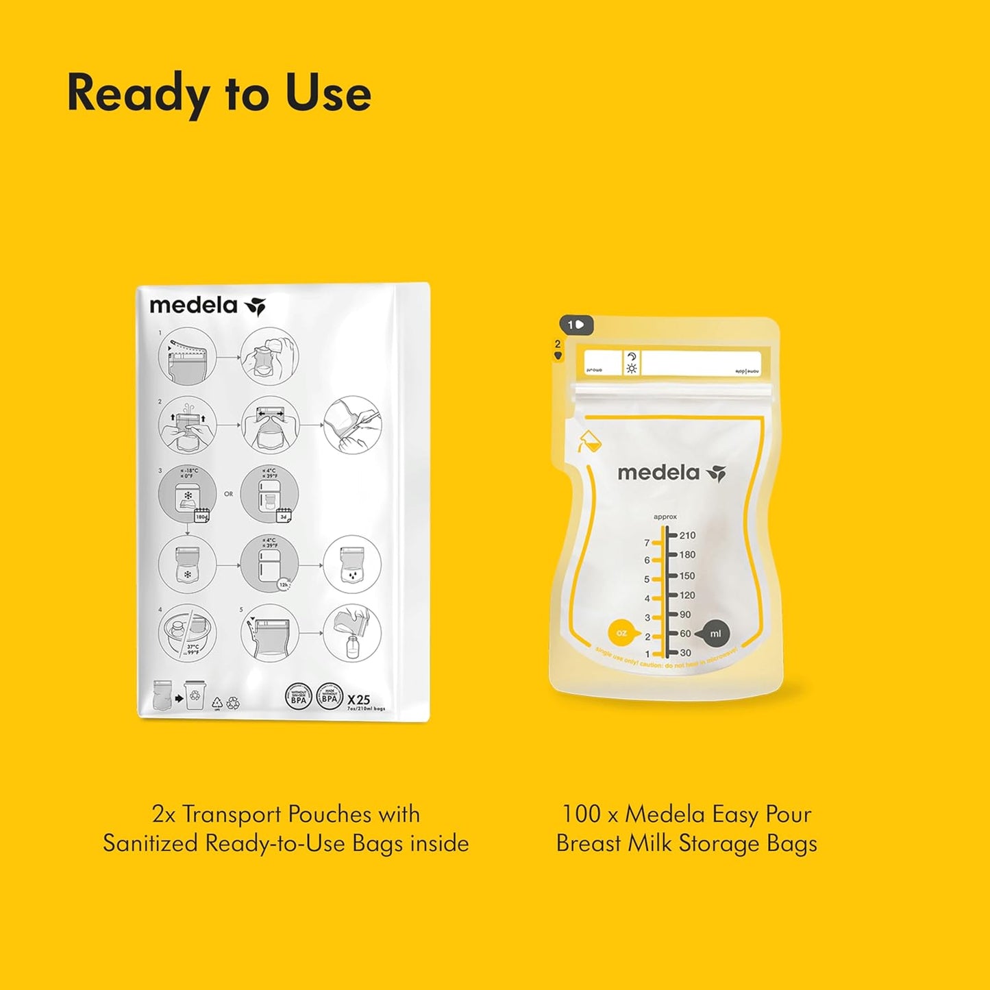 Medela Easy Pour Breastmilk Storage Bags 100 Count 7oz/210ml Disposable, Leakproof, Fast Freeze, Breast Milk Protection Recyclable & BPA Free