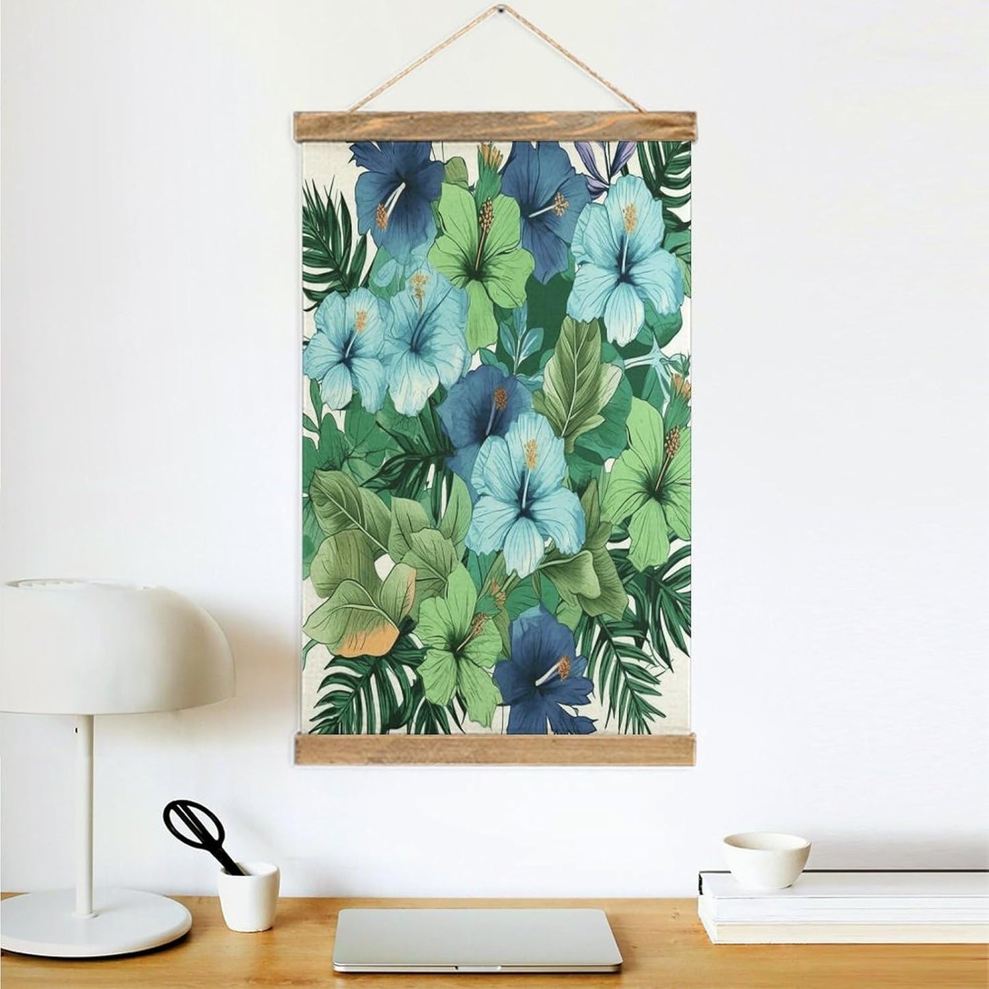 Vintage Green And Blue Hibiscus Flowers Poster with Wooden Frame Personalized Linen Hanging Scroll Painting Rustic Wall Hanging Illustrative Modern Artwork Decor for Home Living Room Bedroom Office