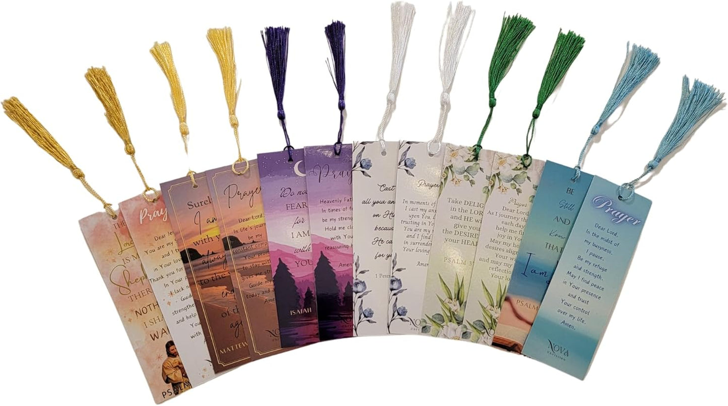 NC Set of 12 Bible Verse Bookmarks with Prayers - 6 Unique Designs with Matching Tassels - 5x15cm, Inspirational, Spiritual & Religious Christian Bookmarks, Perfect for Gifts