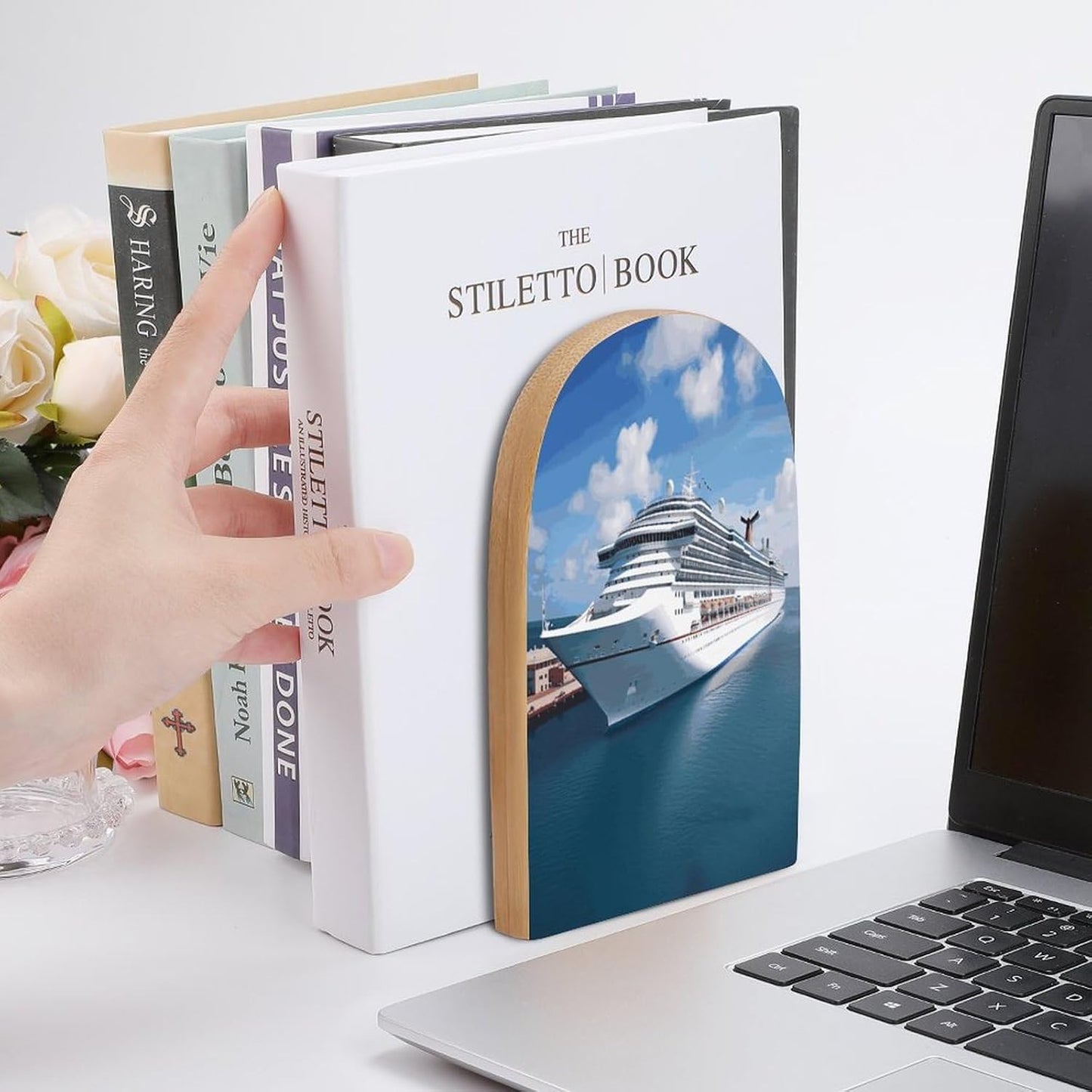Non-Slip Bookend for Shelves Cruise Ships Wooden Bookends with Metal Base Decorative Book Stopper for Home Heavy Duty Wood Book Storage for Books/CDs