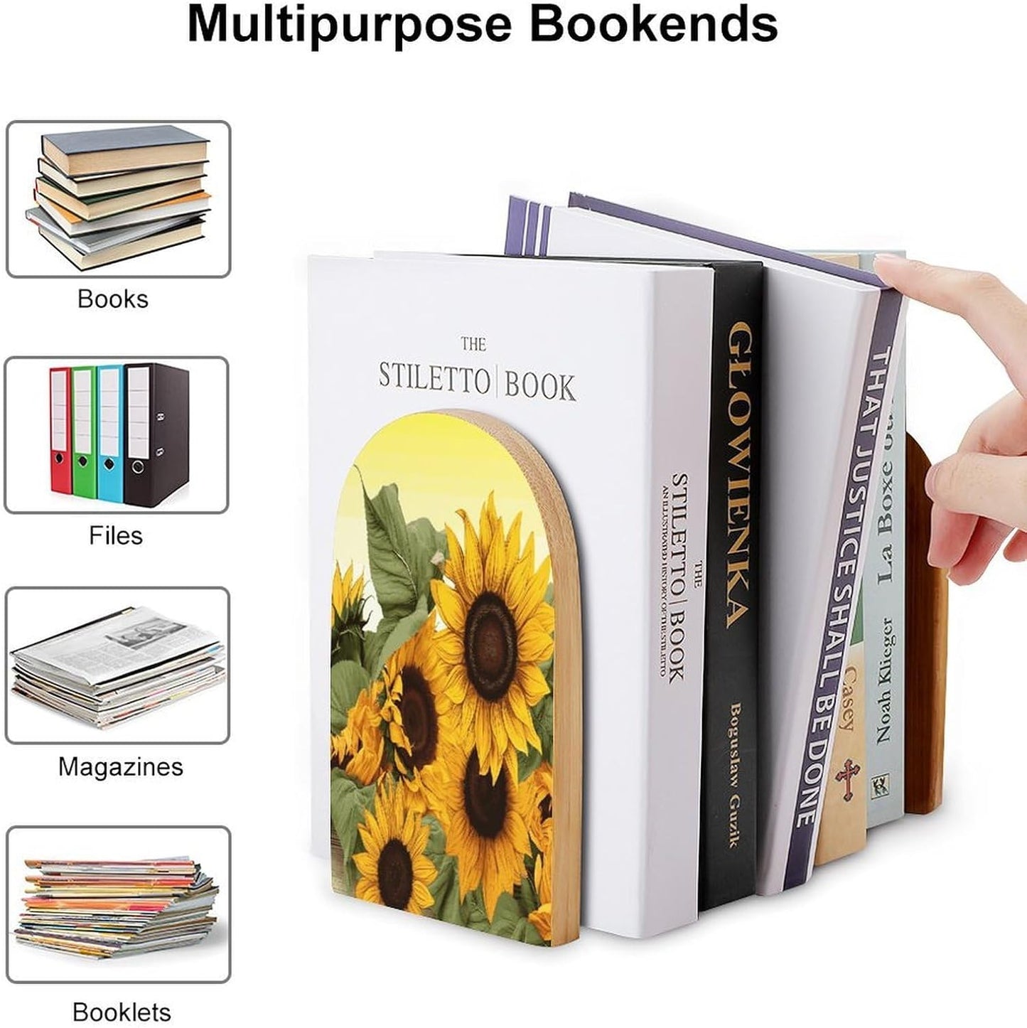 Sunflowers Floral Bookend for Shelves Wooden Book End Large Size Sturdy Book Holders Stoppers with Metal Base for Bookshelves Slick Decorative Bookends Stands