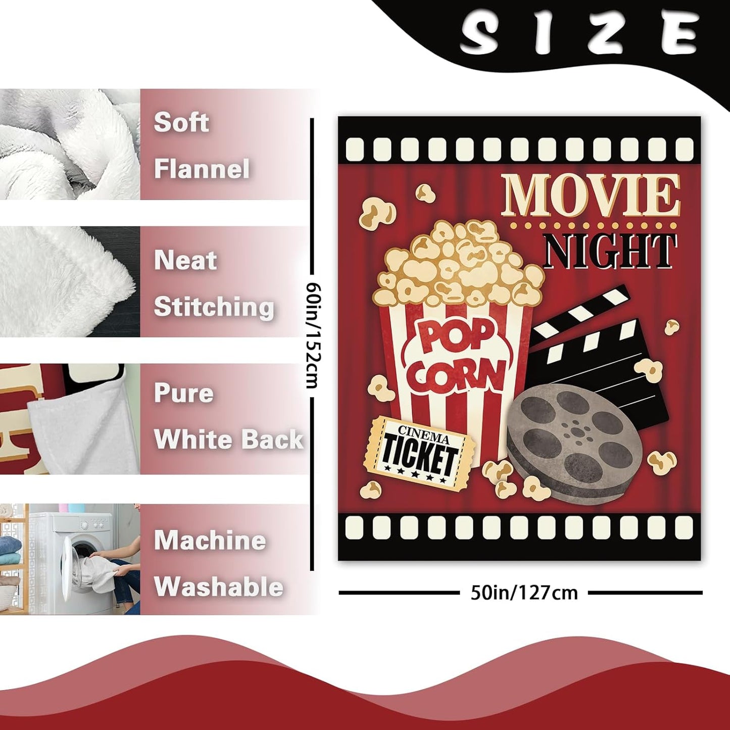 Movie Night Flannel Throw Blanket, Popcorn Cinema Ticket Gifts for Adult Kids Women Men Movie Lover, Birthday Ideas for Home Film Theater Decor Supplies 50" x 60"