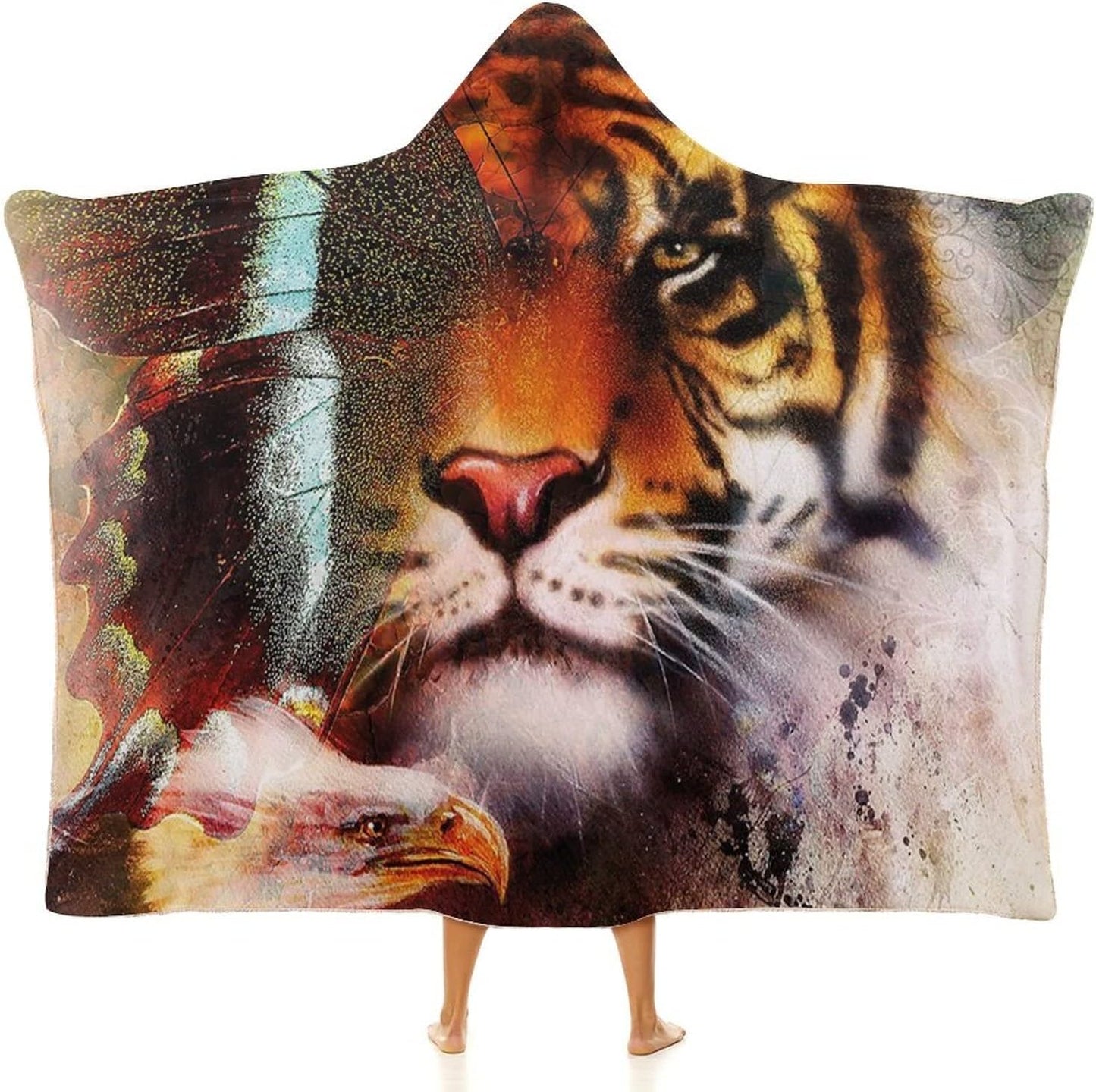 Throw Blankets, Tiger Wearable Hooded Blanket for Adults, Various Symbols of Nature Large Bengal Bald Eagle, Soft Warm Cozy, 40 x 50inches, Studying Reading Snuggling Napping Office, Multicolor