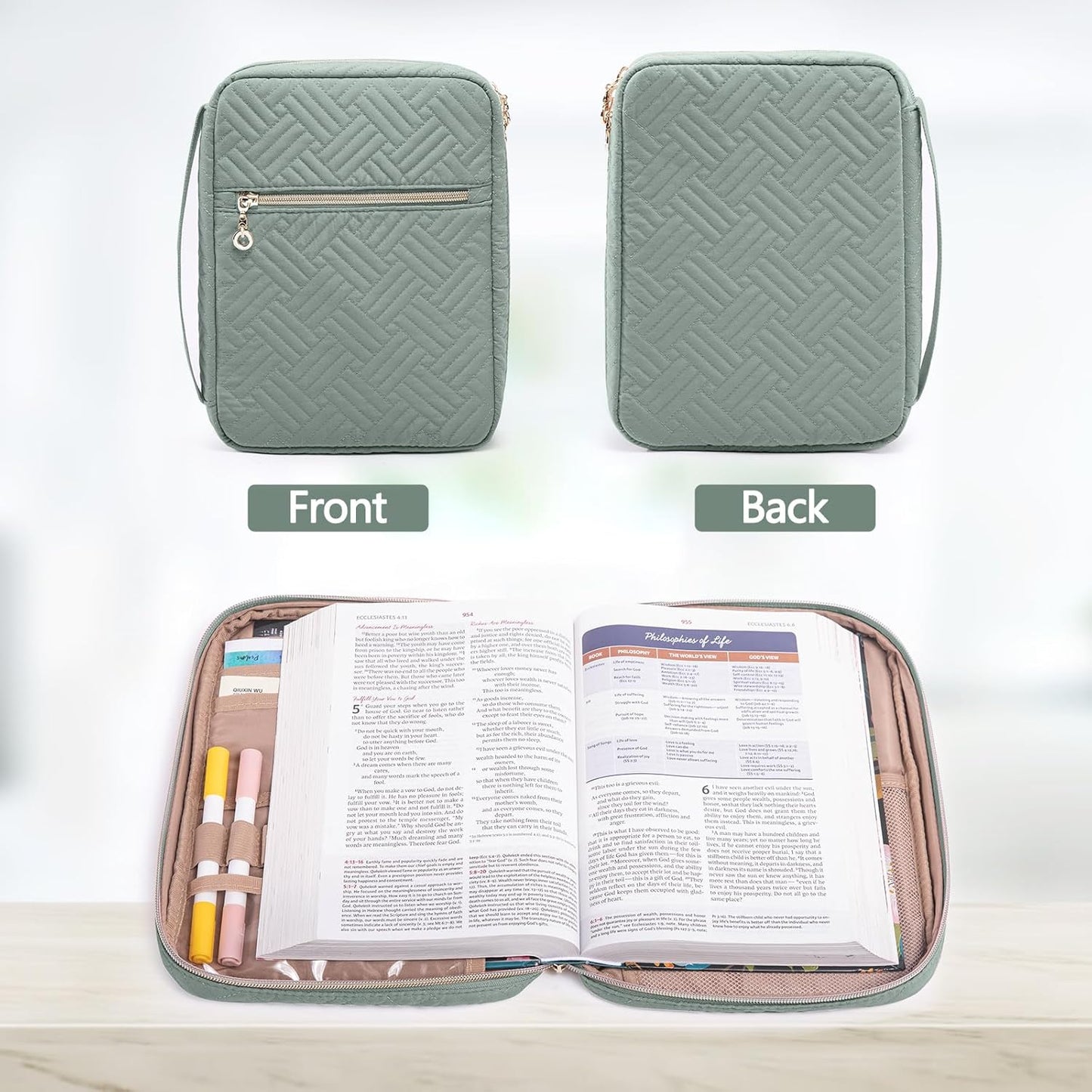 Quilted Bible Cover for Women, Zippered Organizer Bag with Sleeve for Study Supplies, Accessories & Journals, Church Carrying Gift for Girls, Book Carrying Case