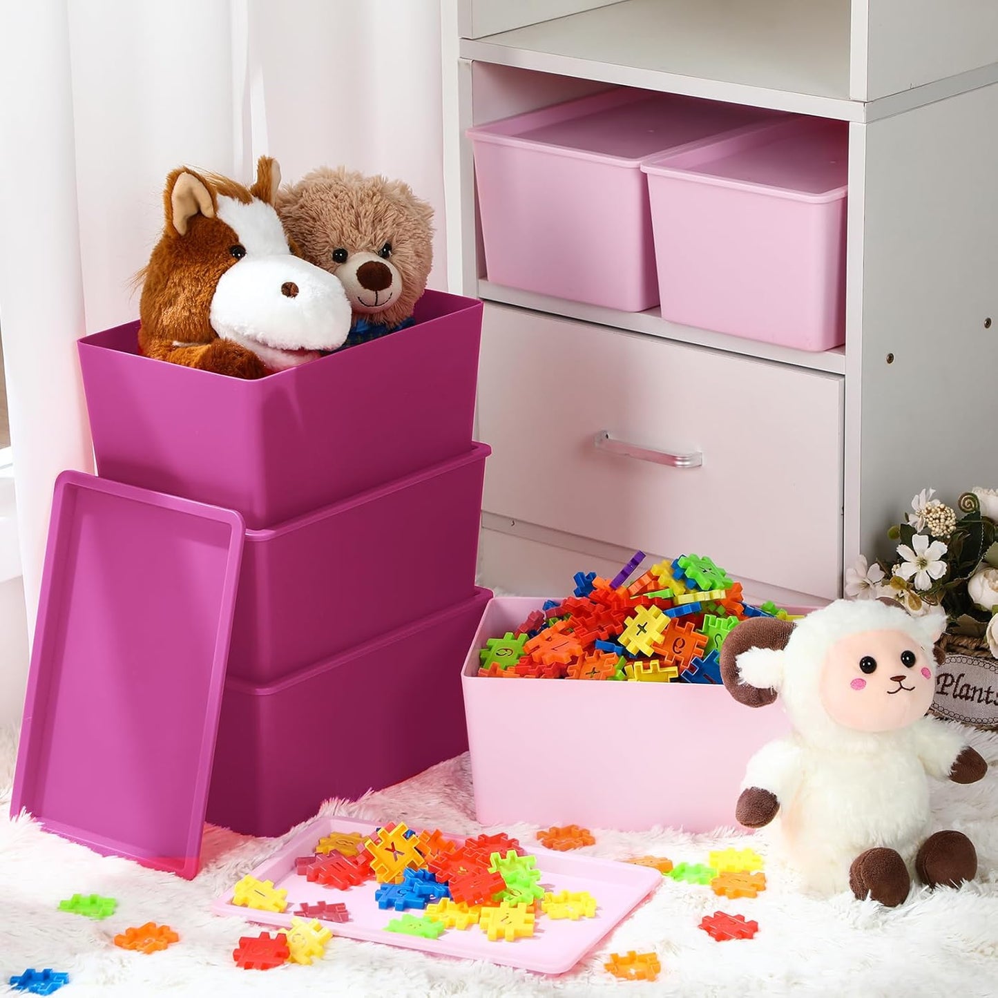 Menkxi 6 Pcs Storage Bins with Lids Small Plastic Storage Containers Stackable Storing Baskets Box Cute Organizer Bins for Organizing Shelves (Pink Series)