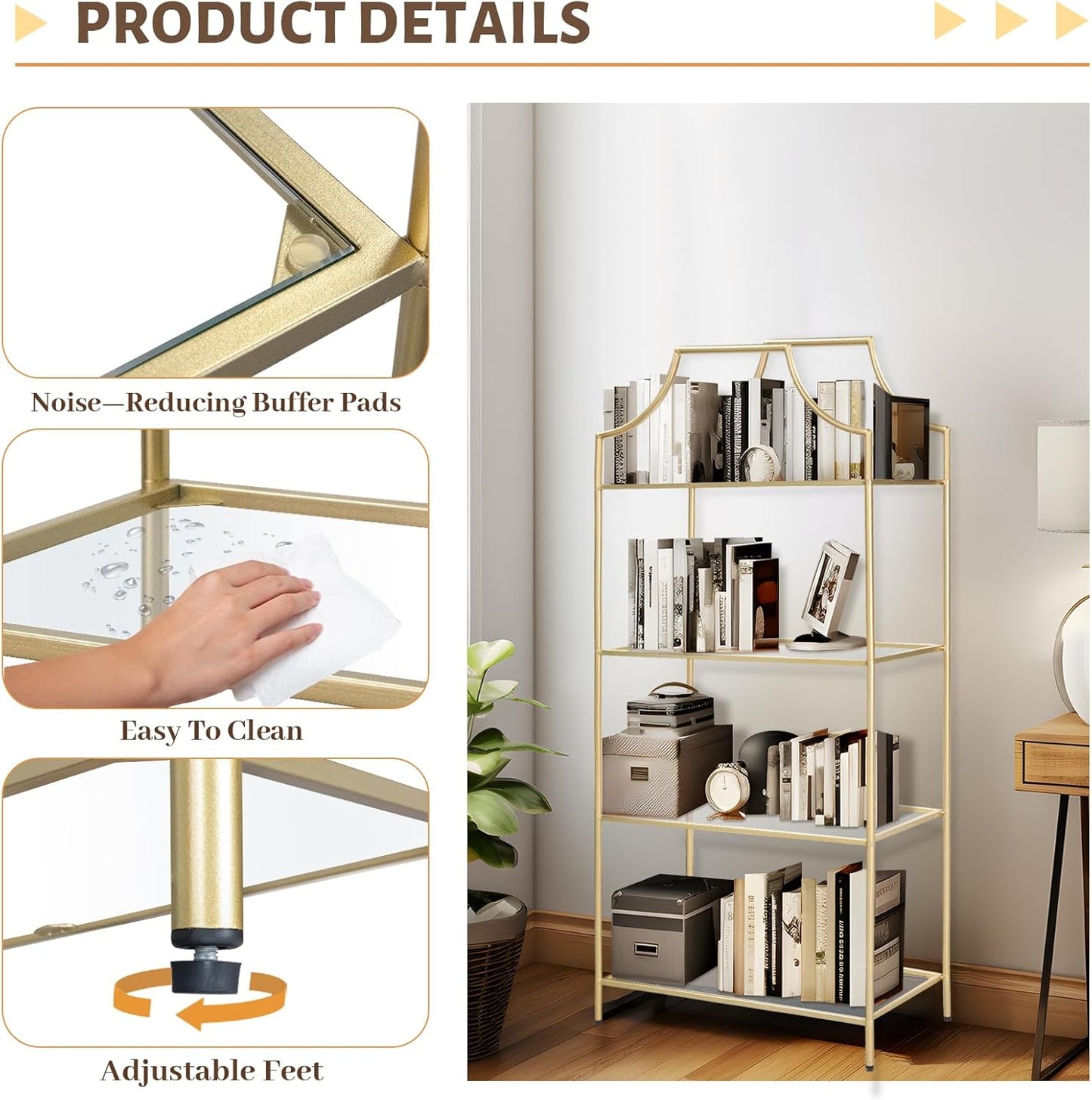 4 Tier Bookshelf, Metal Book Shelf for Storage, Tall Storage Display Bookcase, Modern Open Book Case for Bedroom, Living Room, Glass Office Organization Shelf, 66.3" X 26" X 13"
