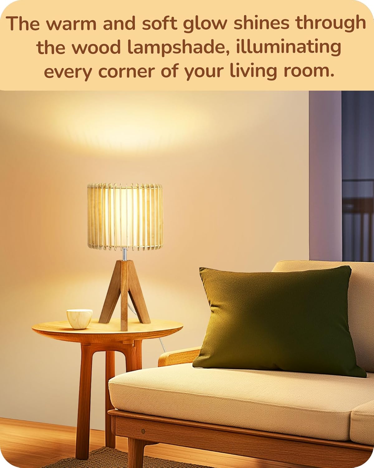EDISHINE 14.17" Small Table Lamp, Wood Tripod Bedside Lamp, Natural Wood-Colored Hollow & White PVC Shade, E26 Base, Boho Nightstand Lamp for Bedroom, Living Room, Office, Study