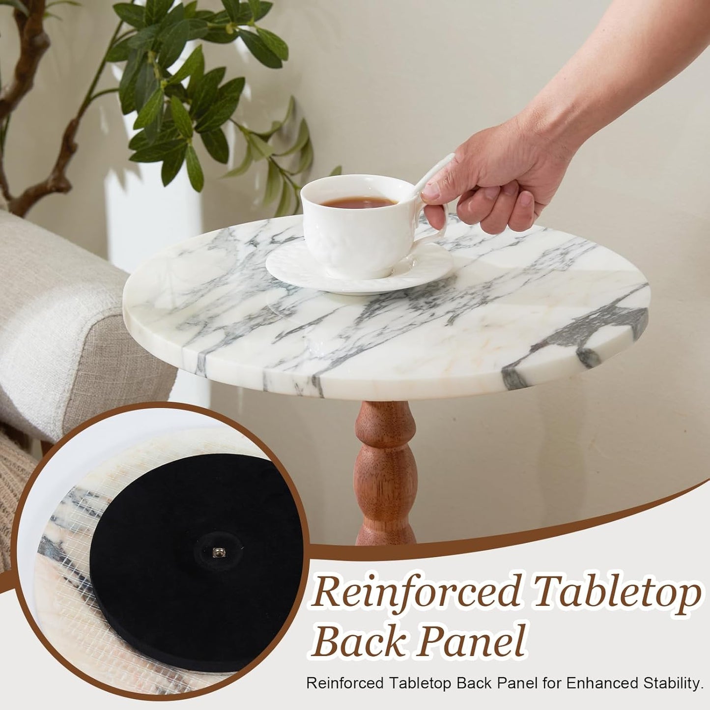 Round End Table, Modern Accent Table with Base, Marble Top & Solid Wood Legs for Living Room, Bedroom, Office (Pink,Big