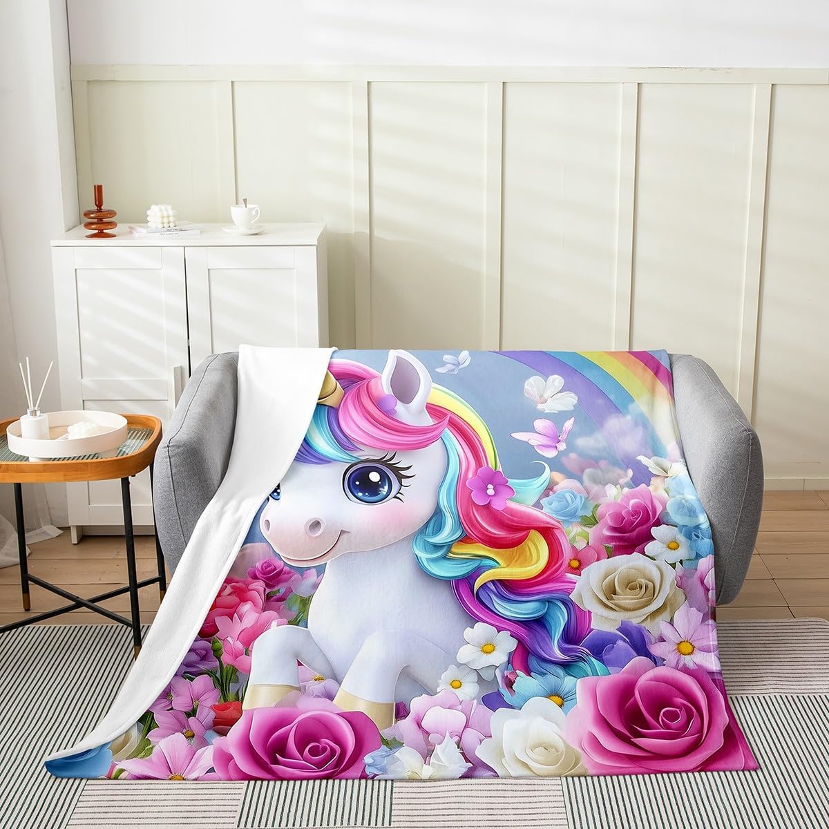 Feelyou Rainbow Unicorn Fuzzy Blanket Queen 90"x90" Cute Unicorn Flannel Fleece Throw Blanket Dreamy Horse Floral Blossom All Season Bed Blanket for Sofa Couch Room Decor Unicorn Glitter Plush Blanket