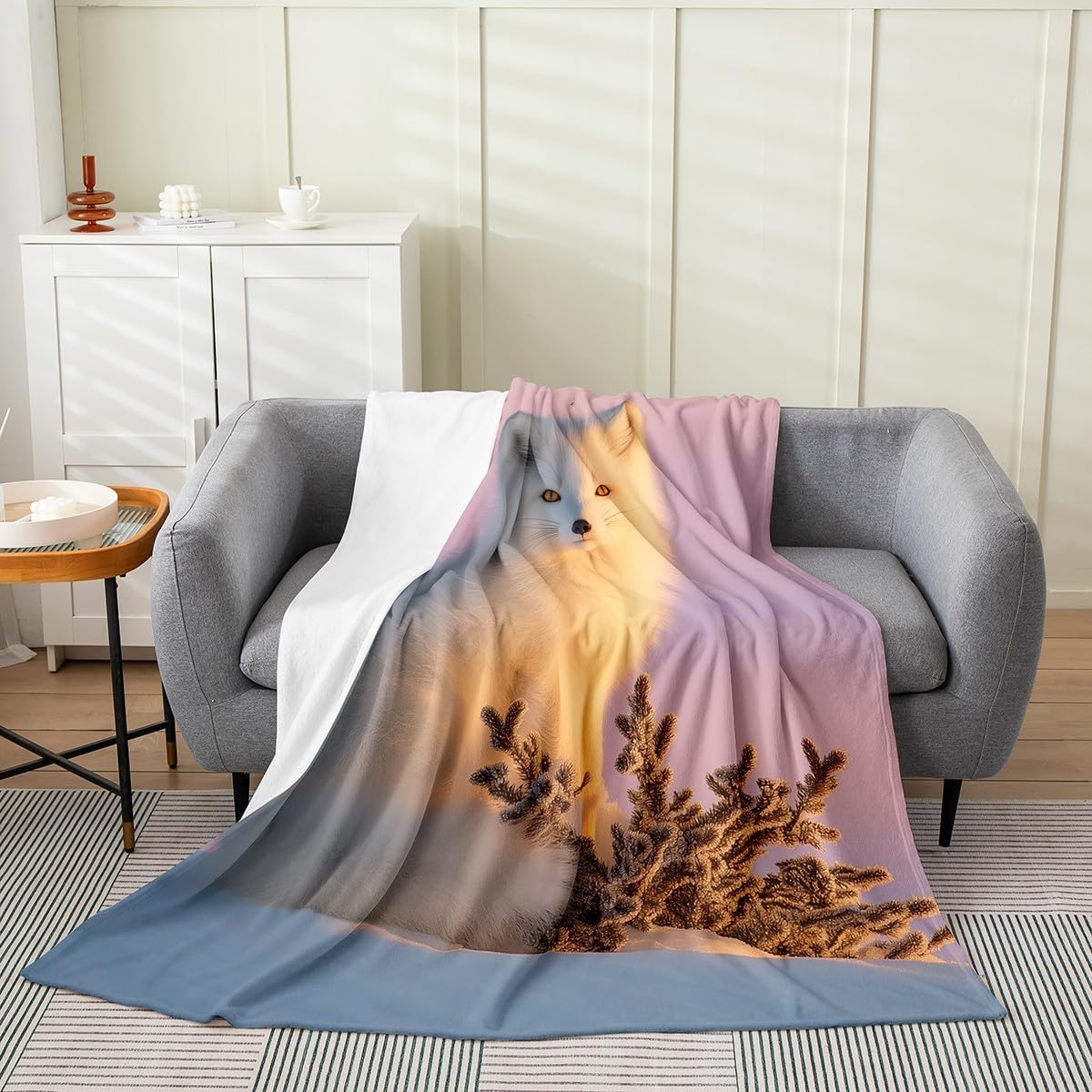 Feelyou Fox Flannel Fleece Throw Blanket Arctic Fox Fuzzy Blanket for Kids Boys Girls Home Decor Wildlife Plush Blanket Cute Animal Printed All Season Bed Blanket Queen 90"x90"