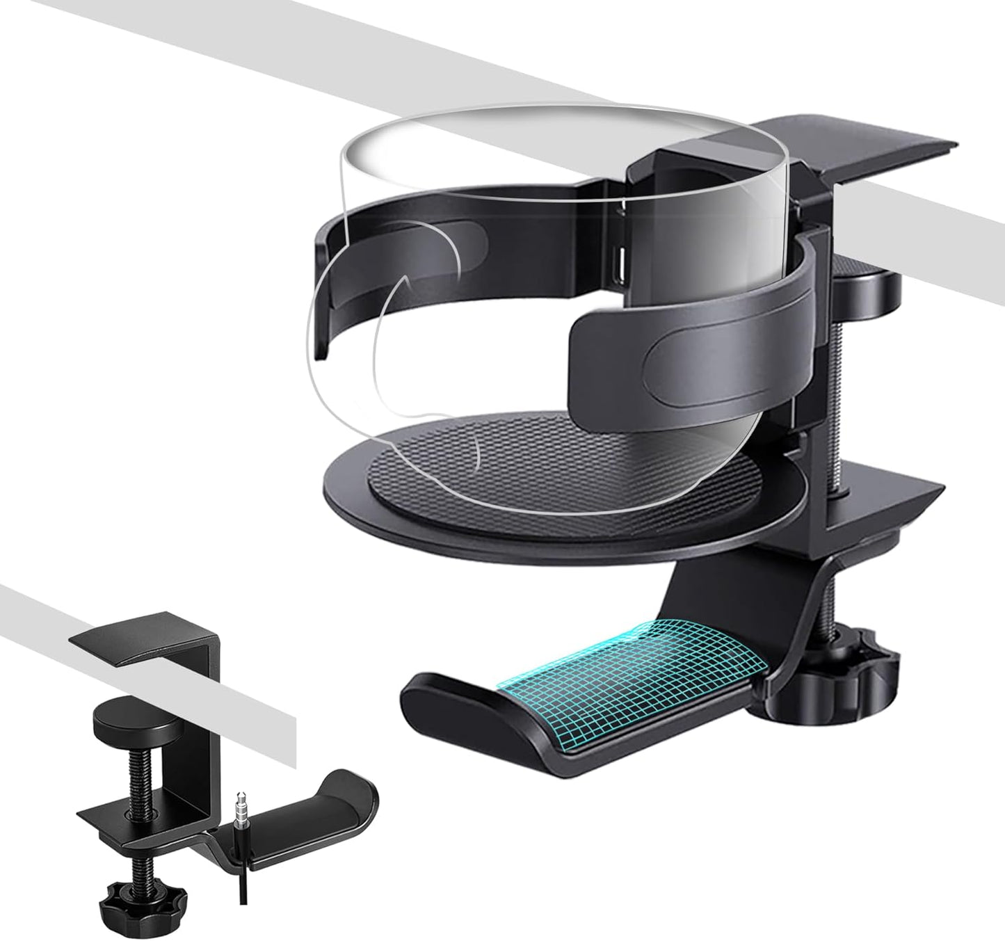 HeavyRain 3-in-1 Desk Cup Holder with Headphone Hook, Anti-Overflow Coffee Mug Holder for Desk, Sturdy Aluminum Clamp-on Cup Holder for Wheelchair, Couch, Office, Gaming Desk Accessories, Black