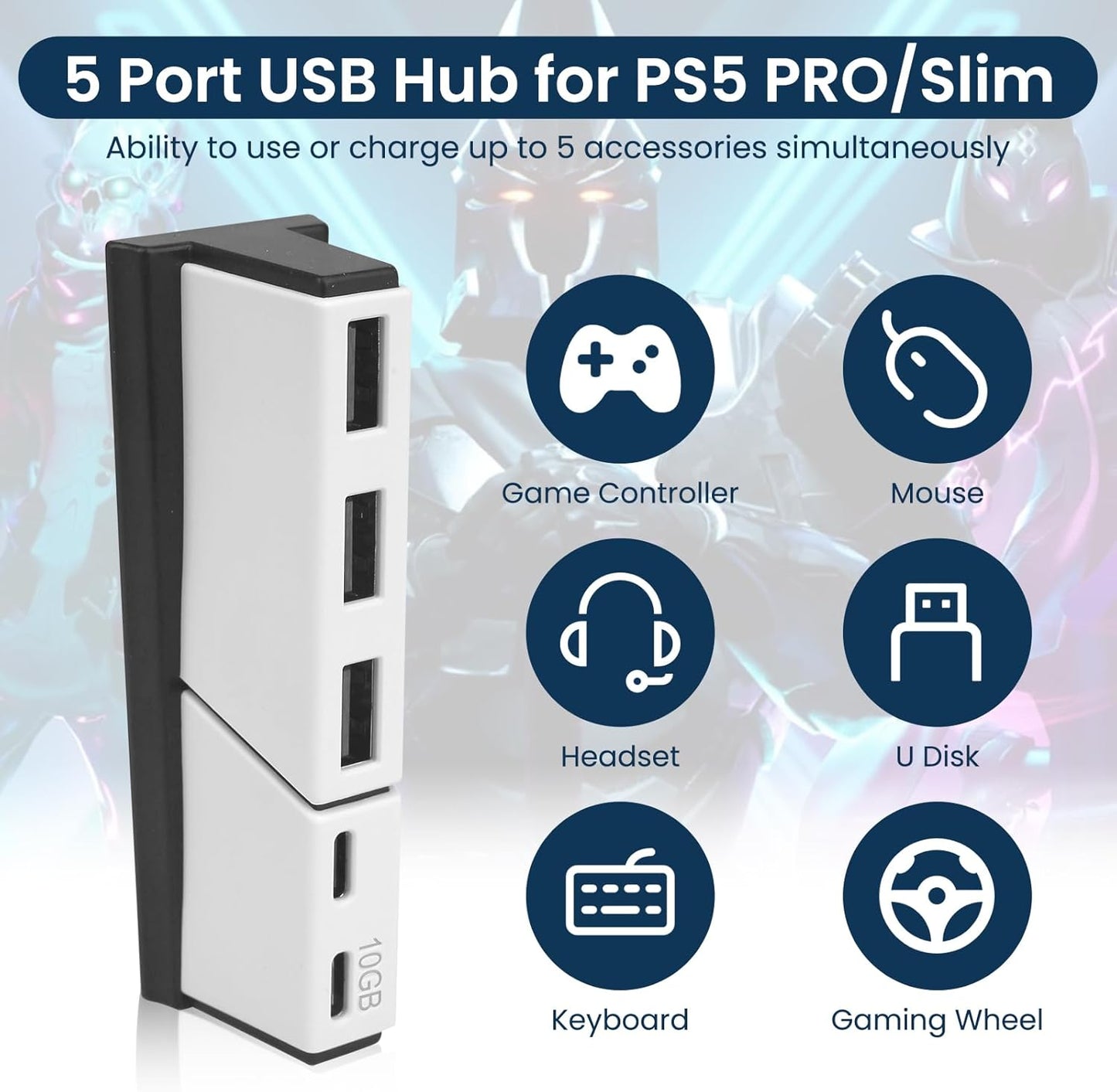 USB Hub for PS5 Slim & PS5 Pro USB Port Extender High-Speed Expansion Hub Extender PlayStation 5 Slim & PlayStation 5 Pro Adapter with 3 USB + 2 Type C Port(One Up to 10Gbps)