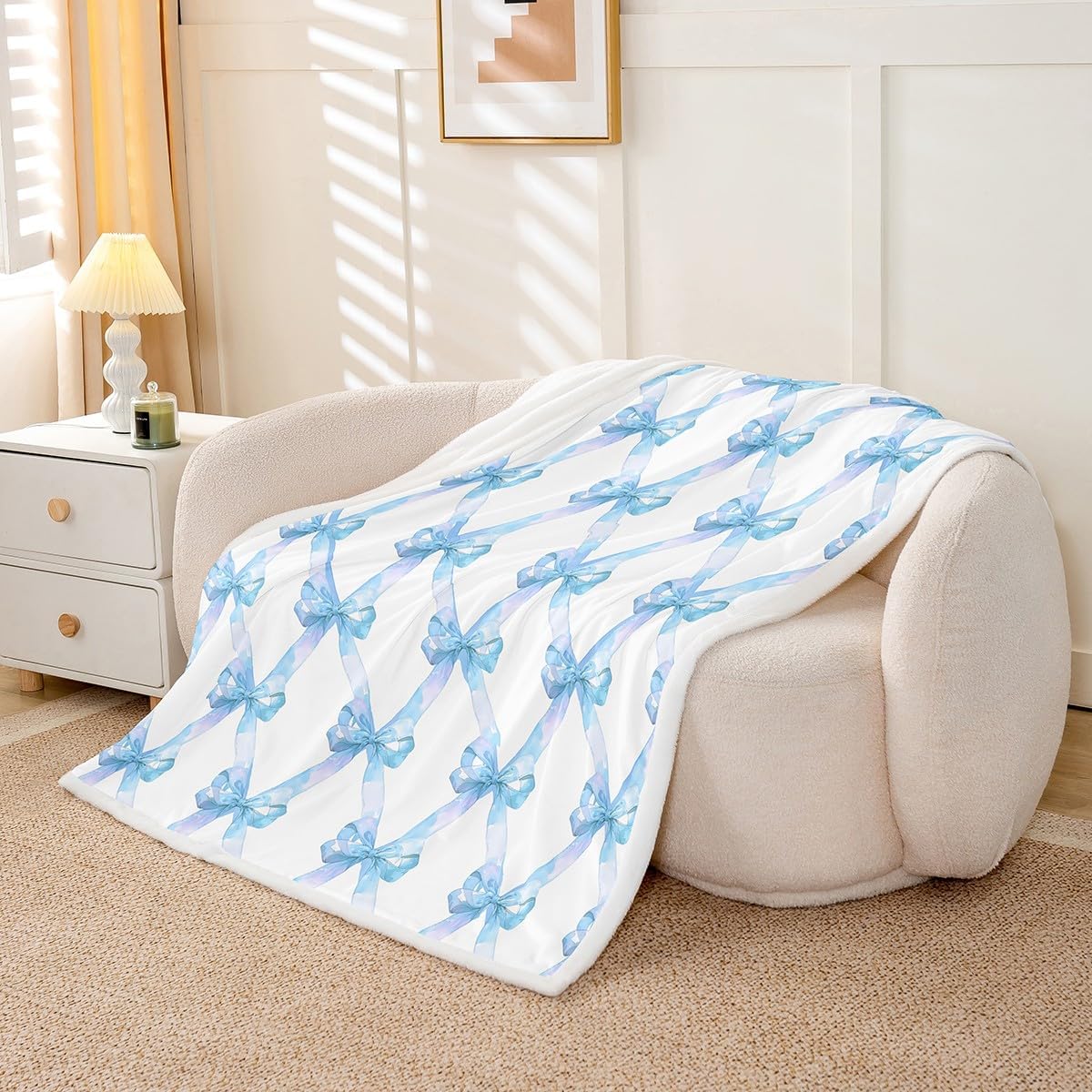 Manfei Cute Bowknot Flannel Blanket,Princess Style Blue Bow Watercolor Girly Fleece Blanket for Room Decor,Geometric Grids Minimalist Dreamy Throw Blanket for Sofa Couch,Throw 50"x60"