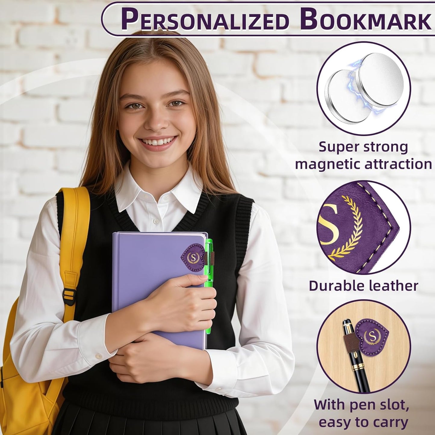 Bygone Mark Bookmark with Pen Holder,Personalized Magnetic Leather Bookmark,Vintage Magnetic Book Mark,PU Bookmarks,Clip Book Accessories,Gifts for Women Men-S