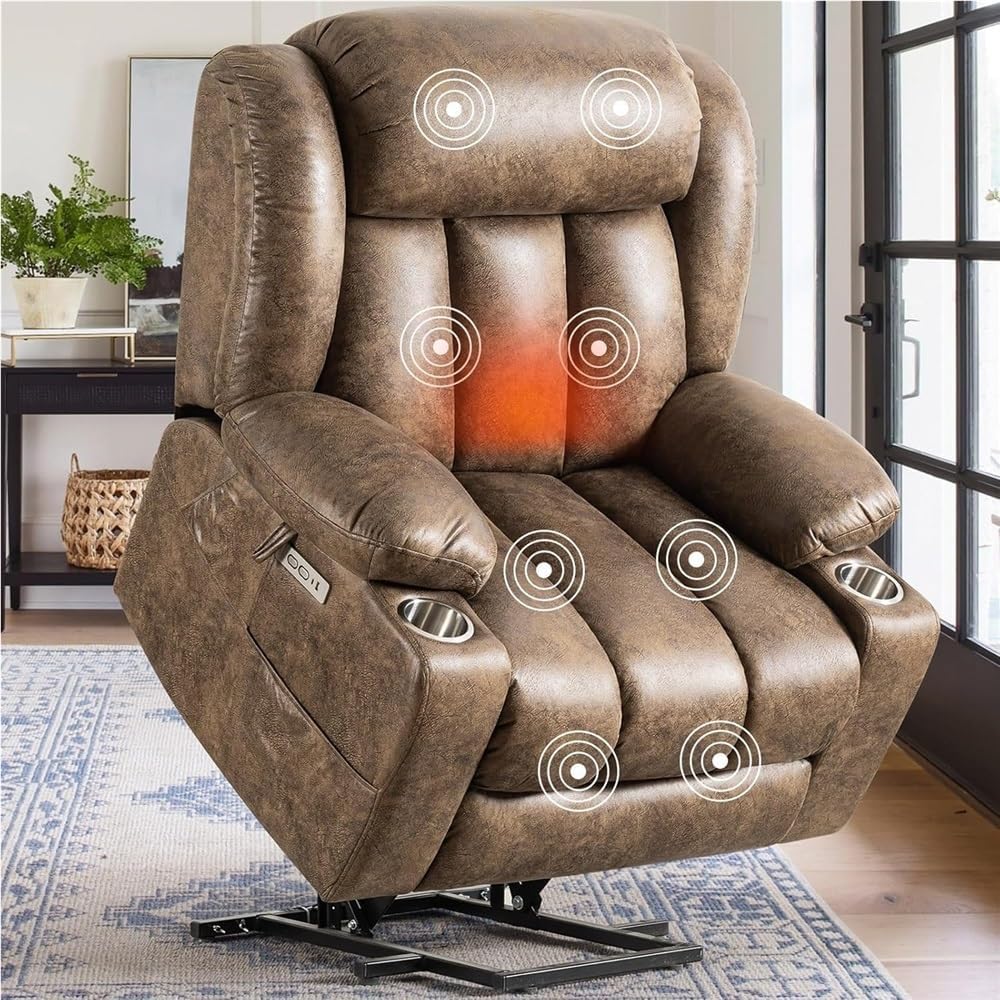 Power Lift Recliner with Heat & Massage – Oversized Electric Leather Recliner Chair with USB Ports, Cup Holders, Breathable Seating, Comfort Sofa for Living Room, Elderly & Adults