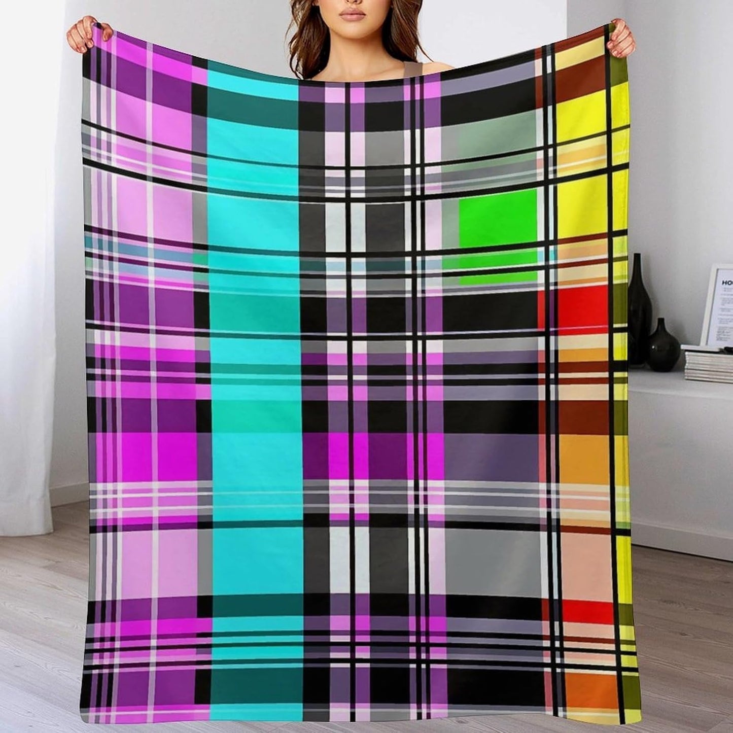 Colorful Plaid Throw Blanket for Couch Bed Plush Cozy Fuzzy Flannel Blanket for All Season 50"x60"