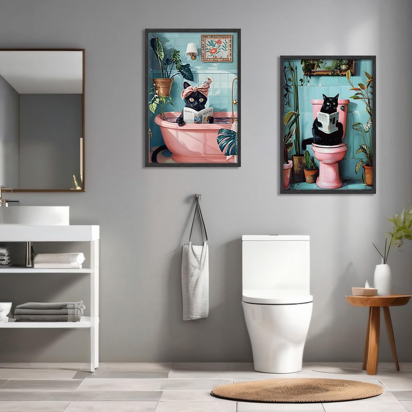 2 Pcs Cute Black Cat Bathroom Wall Art Funny Cat Reading Newspaper Paintings Pictures Wall Decor Pink Animal Plant Posters Prints for Bathroom Toilet Decorations Unframed 16x24 Inch
