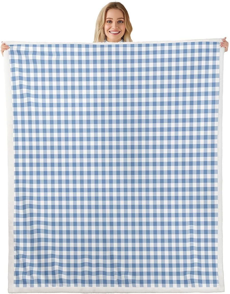 Feelyou White Blue Gingham Sherpa Throw Blanket for Couch Modern Style Plaid Super Soft Cozy Fleece Grid Checkered Blanket for Winter, Plush Throw Throw 50"x60" All Season
