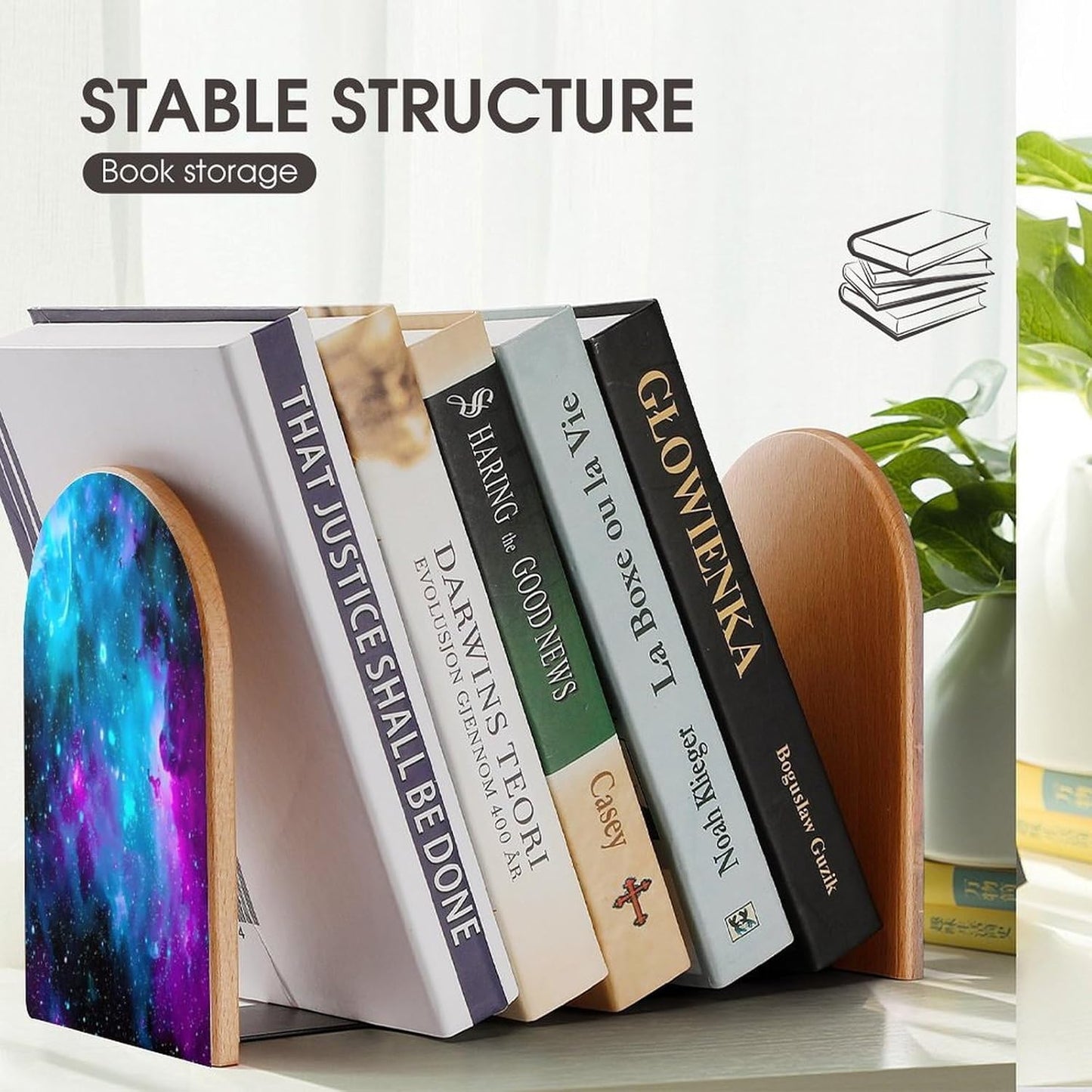 Purple Starry Sky Wooden Bookend Non-Slip Book Ends Heavy Duty Book Stopper with Metal Base Books Holderd Decorative Bookends Stands Firmly for Office Supplies