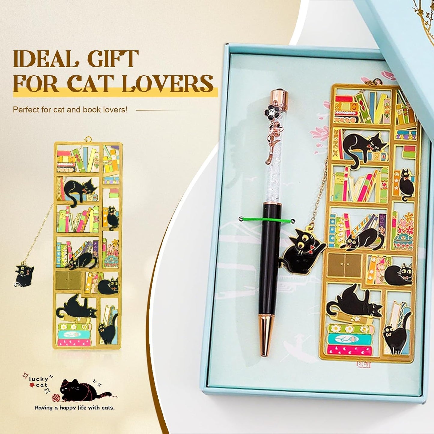 Black Cat Bookmark with Charm - Metal Book Markers for Cat Lovers, Comes with Storage Box | Lightweight, Durable Reading Accessories & Gift for Bookworms, Teachers, Readers