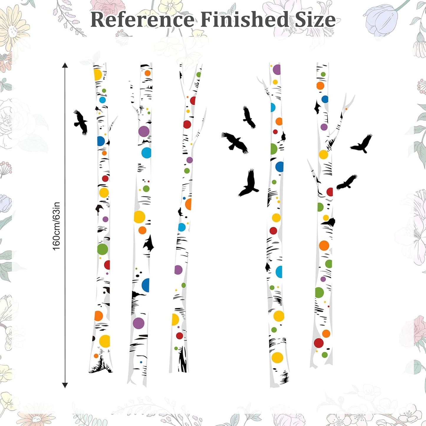 Birch Tree Wall Decals – Colorful Polka Dot Birch Tree Stickers for Aisle Bedroom Office Sofa TV Backdrop, Removable Peel and Stick Decal, Easy DIY Home Décor (5 Trees, H63)