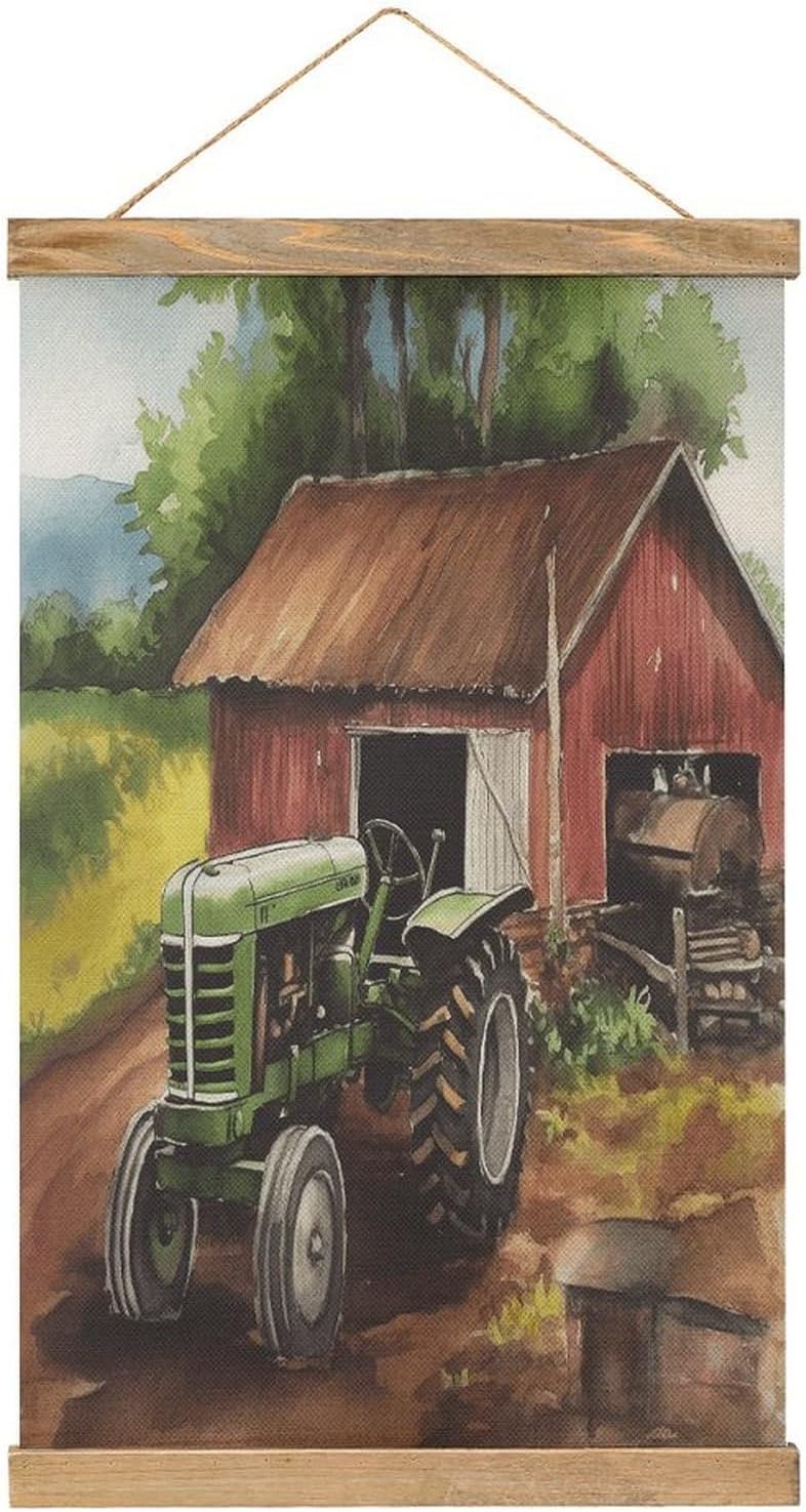 Vintage Tractor on The Farm Poster with Wooden Frame Personalized Linen Hanging Scroll Painting Rustic Wall Hanging Illustrative Modern Artwork Decor for Home Living Room Bedroom Office