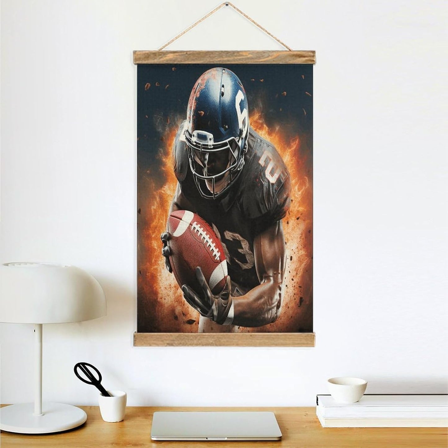 Vintage Cool American Football Poster with Wooden Frame Personalized Linen Hanging Scroll Painting Rustic Wall Hanging Illustrative Modern Artwork Decor for Home Living Room Bedroom Office