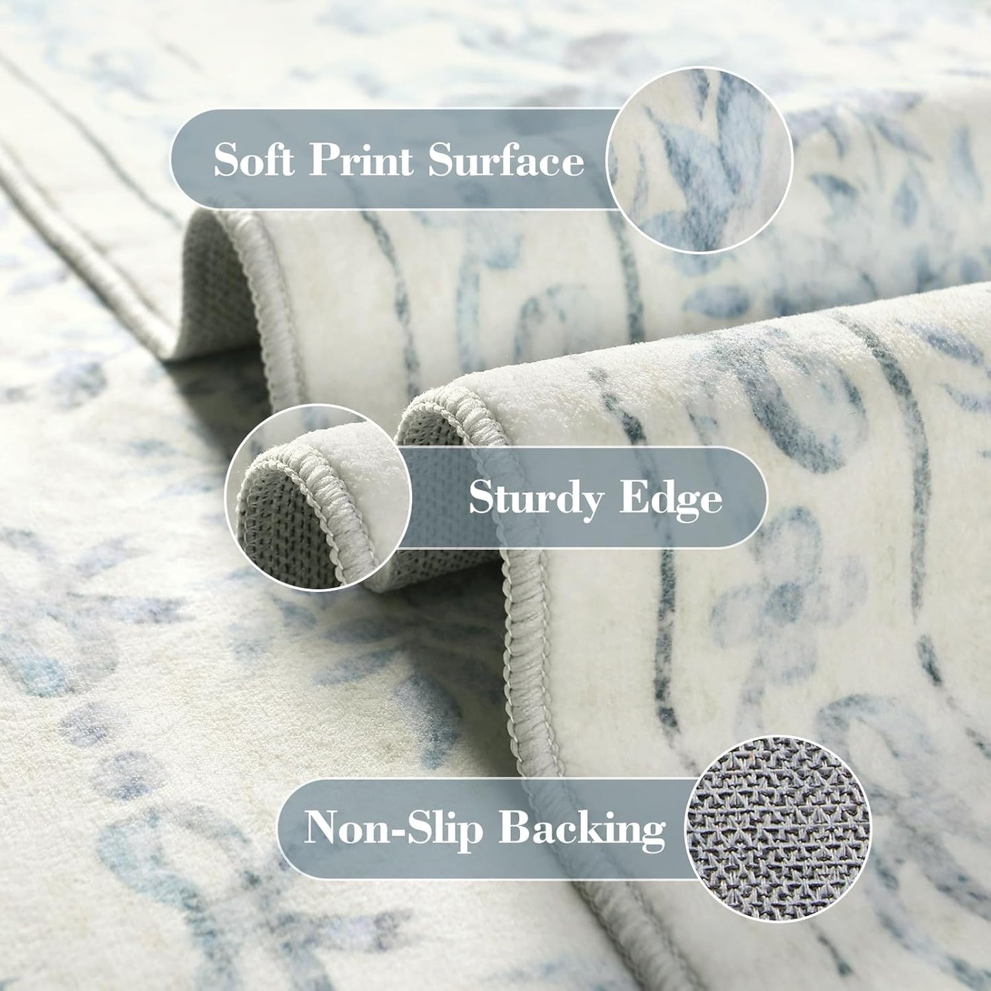 Wonnitar Bow Floral 5x7 Washable Rug, Blue Area Rug for Kids Room, Ultra-Thin Non Slip Soft Neutral Aesthetic Decor Carpet for Living Room Farmhouse Dining Room Office Playroom