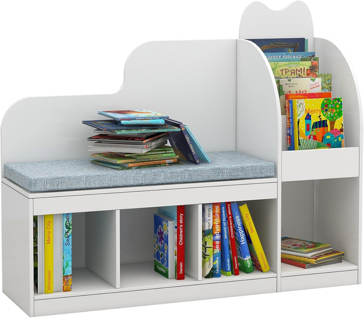 TaoHFE Reading Nook for Kids with 4 Storage Cubes and Cushion, Kid Bench with Kids Bookshelf and Toy Storage, Multifunctional Kids Reading Nook for Living Room, Kid Room, Nursery, White