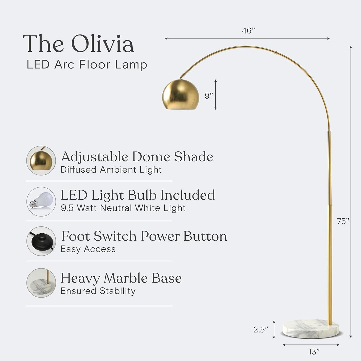 Brightech Olivia Floor Lamp - Chic Arc Lamp with Rounded Spolight Head and Marble Base for Living Room, Tall Standing Lamp with LED Light Bulb for Bedroom Reading, Boho Home Decor for Office - Brass