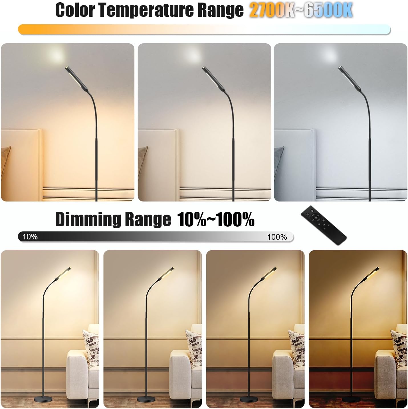 Floor Lamp for Living Room, bedrooms,Work,Study and Home Decor.with Remote Control.4 Color temperatures LED Bulb.Lighting Brightness Adjustable from 10%-100%.Modern Reading Standing lamp.