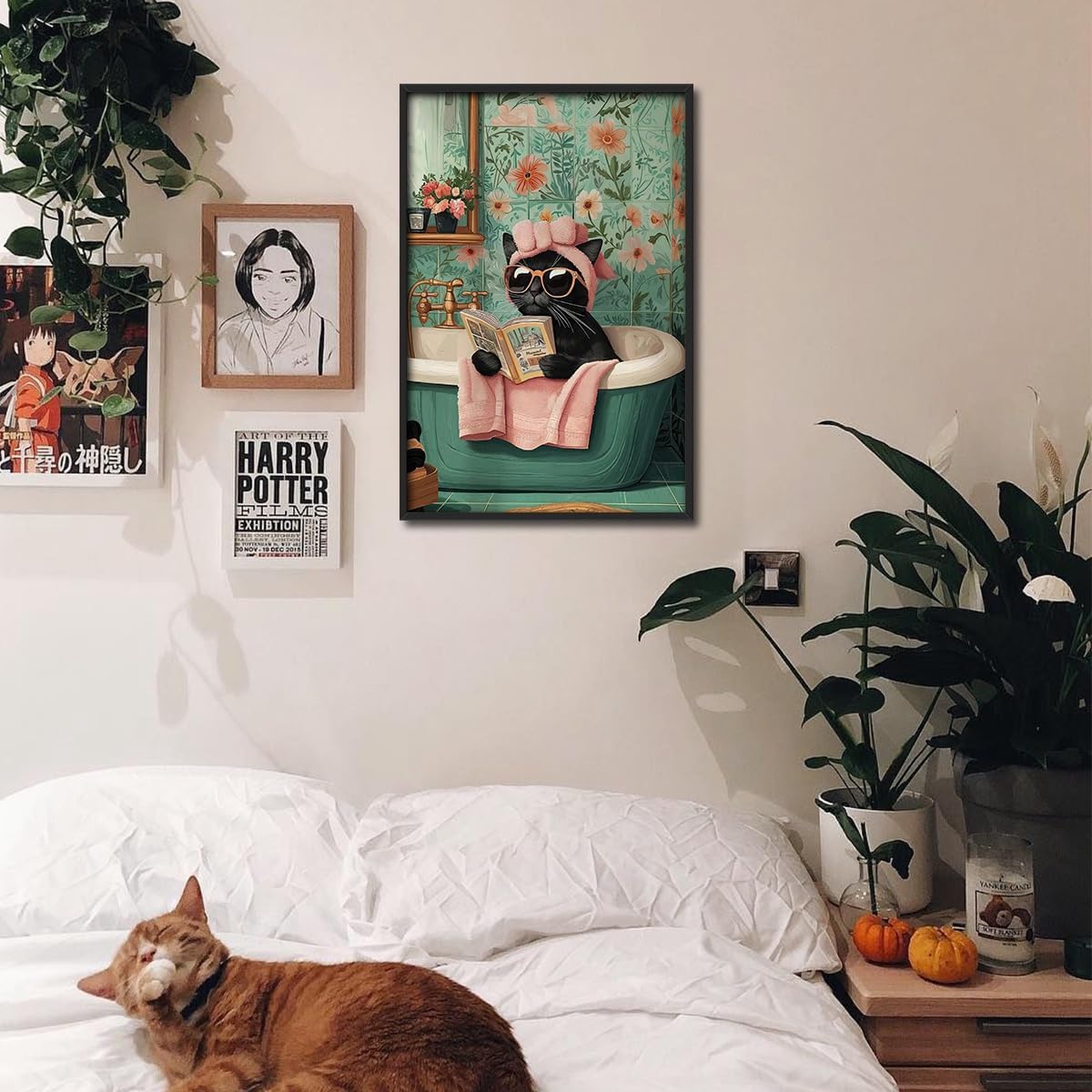 Framed Funny Cat Wall Art-Tub Cat Reading Poster For Room Aesthetic Decor-Cute Black Cats Pictures Canvas Prints Ready To Hang Bedroom Living Bathroom Wall Decor