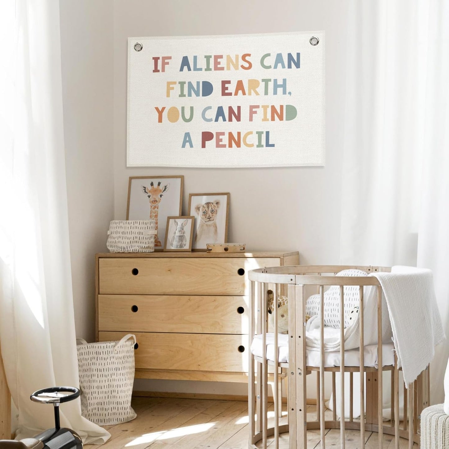 Funny Classroom Banner, Colorful Kids Room Decor, If Aliens Can Find Earth You Can Find A Pencil Sign, Nursery Canvas Flag Wall Hanging Decor Art for Playroom Toddler Room Preschool 20x30in