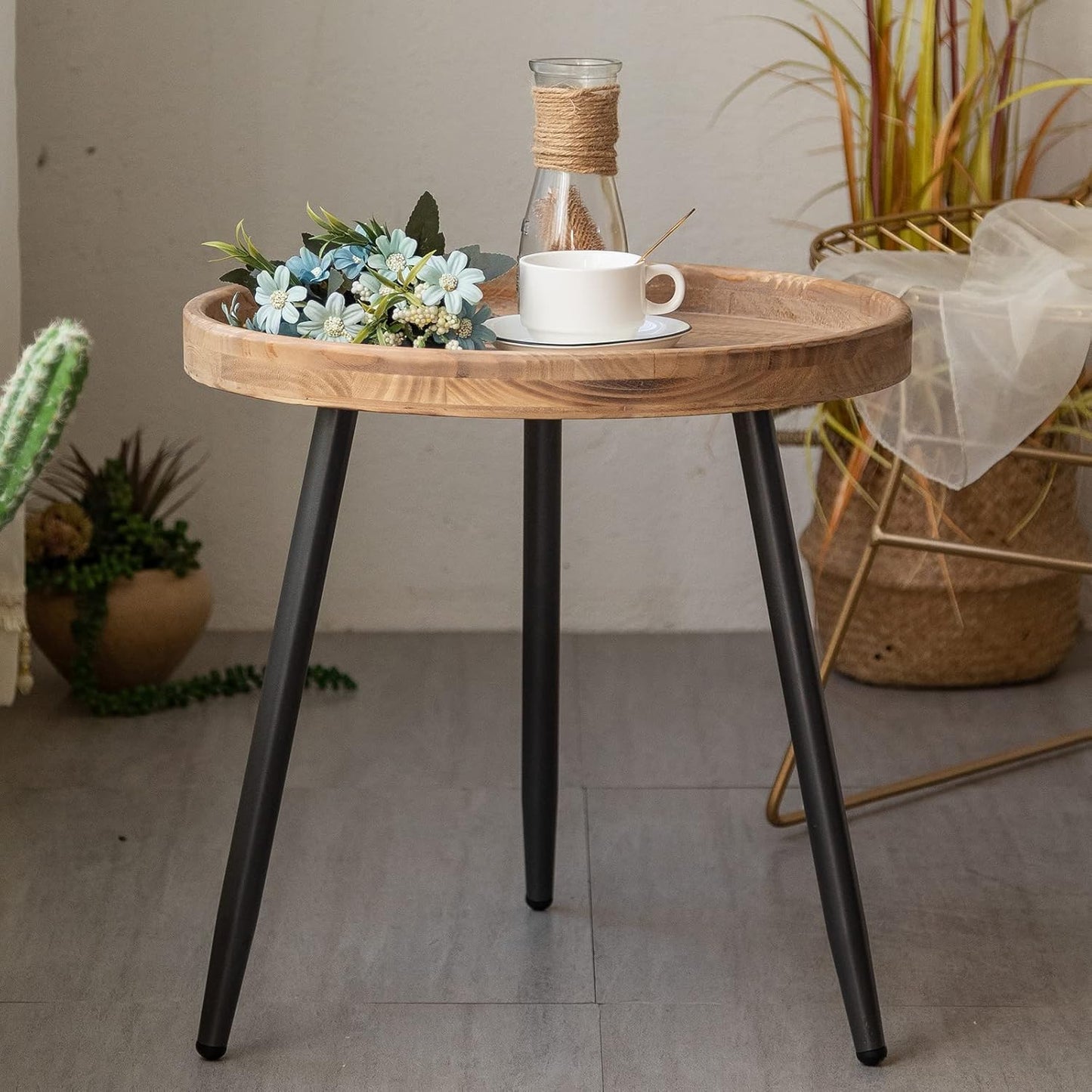 Tiita Round End Table Mental Side Table Nightstand/Small Wood Tables Accent Coffee Table with Wooden Tray for Living Room Bedroom Office Small Space