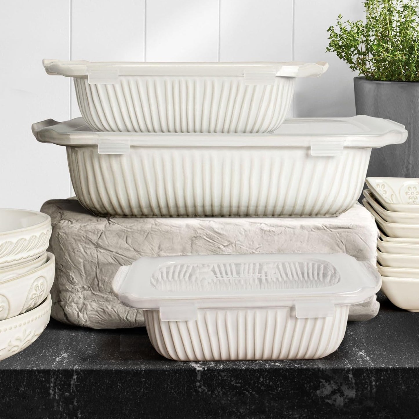 Artena Casserole Dishes For Oven, Ceramic Baking Dish, Large Lasagna Pan With Handles, Baking Pan Casserole Dish, Rectangular Bakeware Deep, White, Set Of 3 (5.1Qt/2.3Qt/1.1Qt) (Baking Dish With Lids)