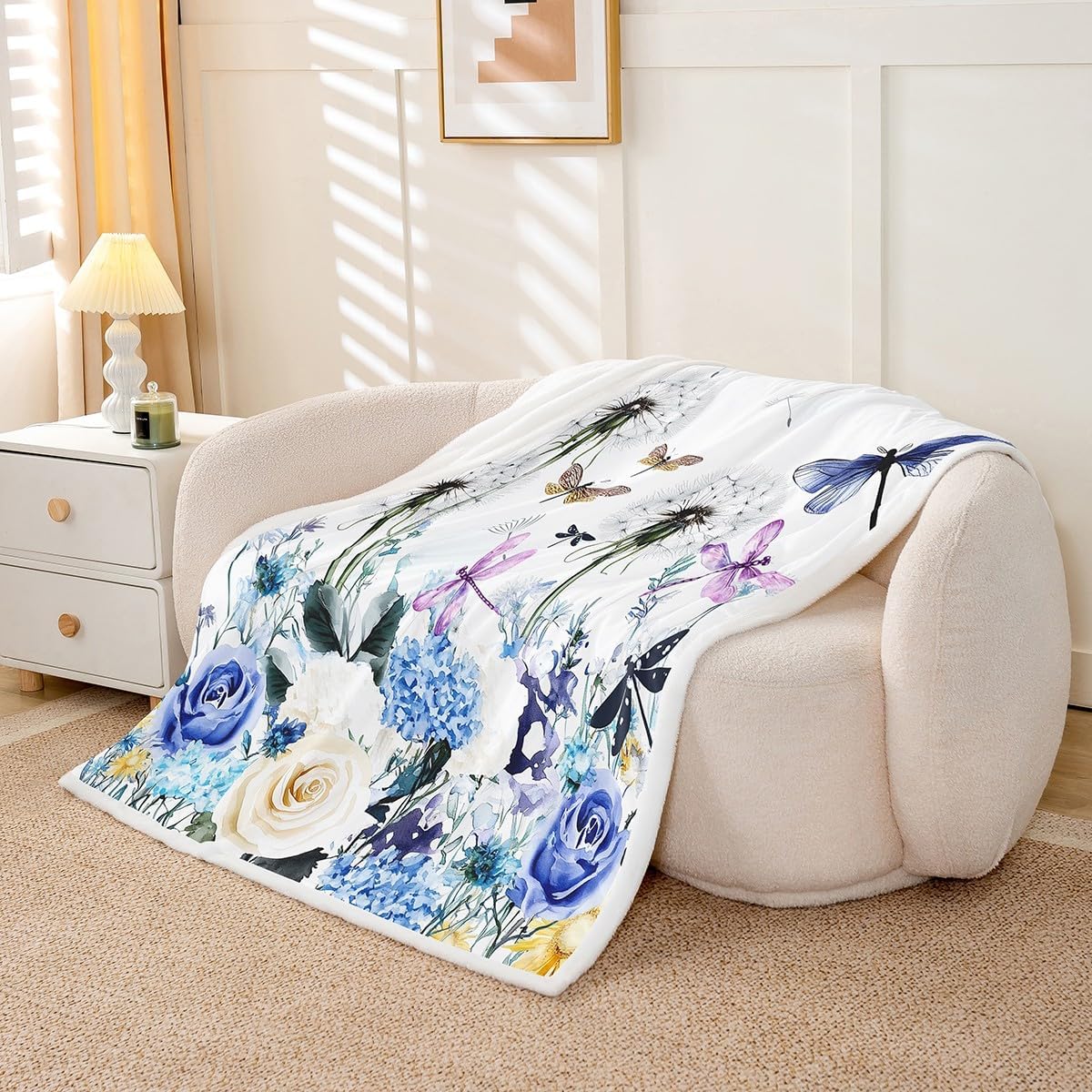 Dragonfly Gifts for Women,Dandelion Fleece Blanket Colorful Butterfly Dragonflies Blanket for Lady Girls,Floral Throw Blanket Botanical Flannel Blanket Rustic Aesthetic Animal Room Decor 60"x80"