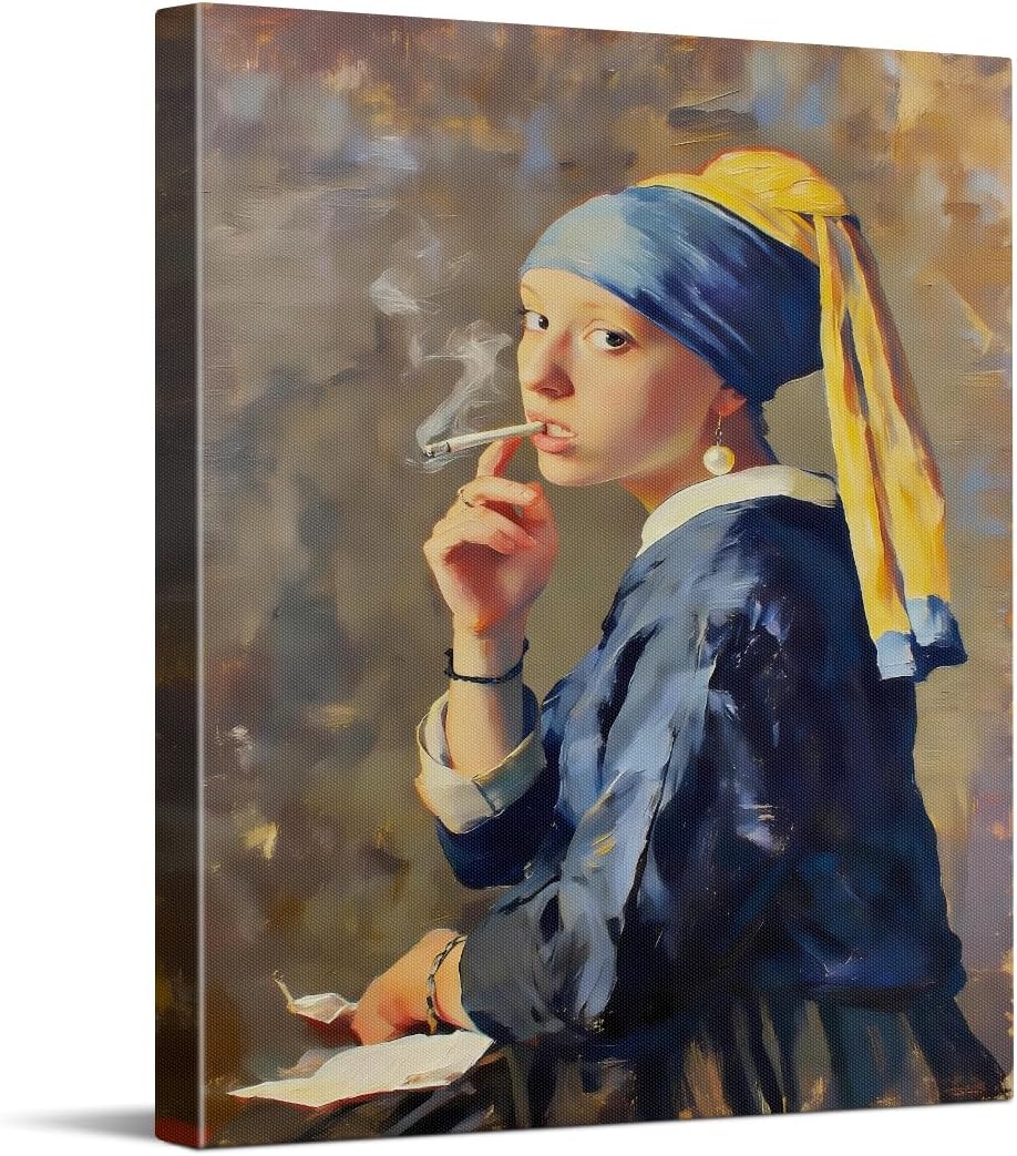 WOXZQ Girl With A Pearl Earring Canvas Wall Art Humorous Smoking Portrait Wall Decor Aesthetic Oil Painting for Bedroom Bathroom Living Room Decor 8x10 Inch