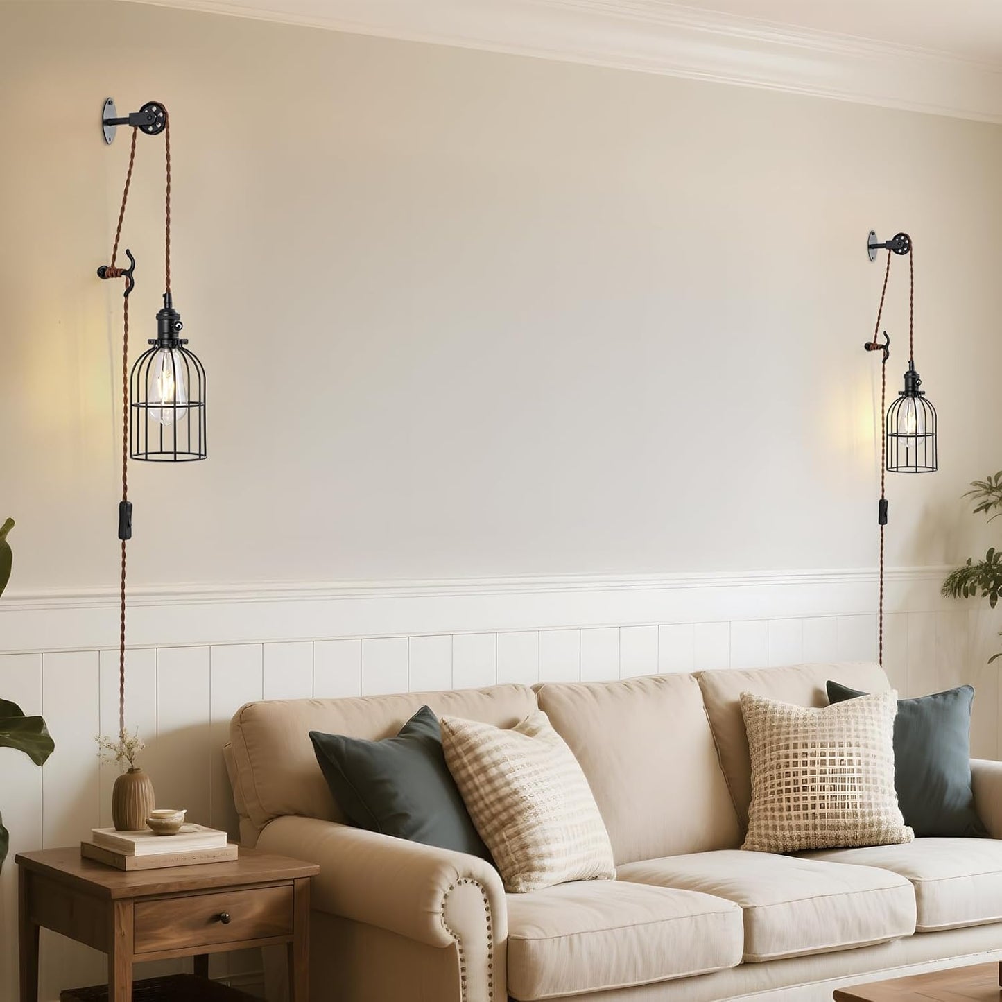 SEEBLEN Plug in Pendant Light Set of 2,Industrial Hanging Lamps that Plug into Wall Outlet,Farmhouse Pulley Pendant Light with Plug in Cord, Wall Lamps for Bedroom Living Room Kitchen.