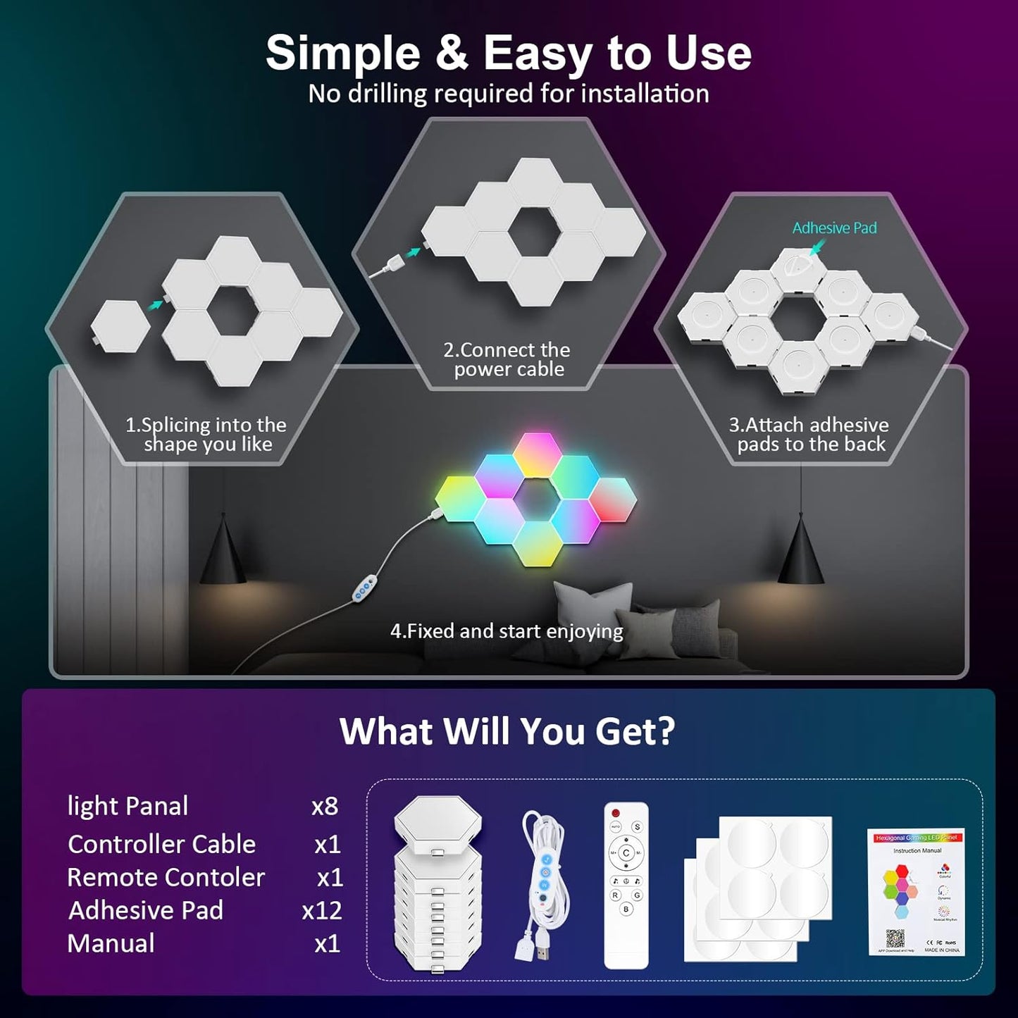 OJQ 8 Pack Hexagon Lights Wall RGB Panel - Hexagonal Led Lights Room Decor Wall Lights Gifts for Men/Women Honeycomb Shape Panels Hexagon Gaming Led Lights for Bedroom Children