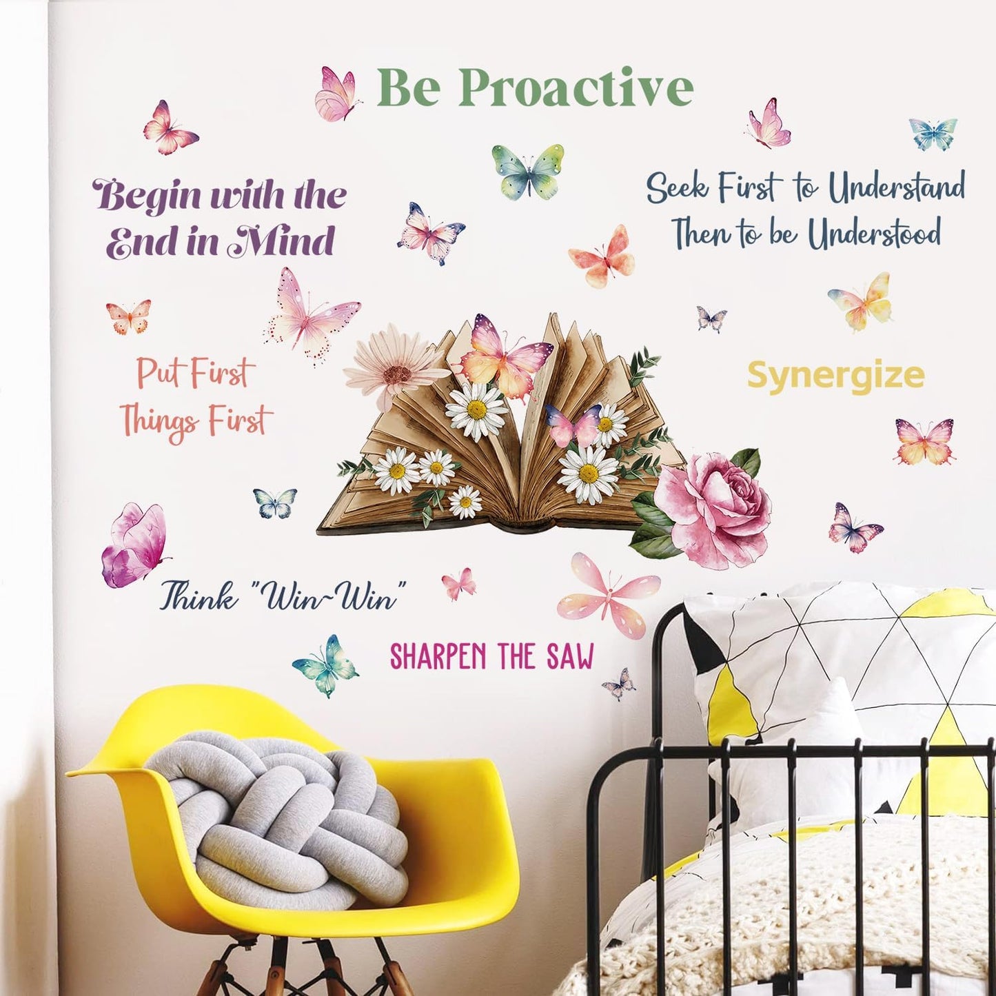 2 Sheets Creative Book Wall Decal - Removable DIY Colorful Flower Butterfly Wall Art with Inspirational Quotes for Girls & Boys Bedroom, Living Room, Bathroom & Study Decor