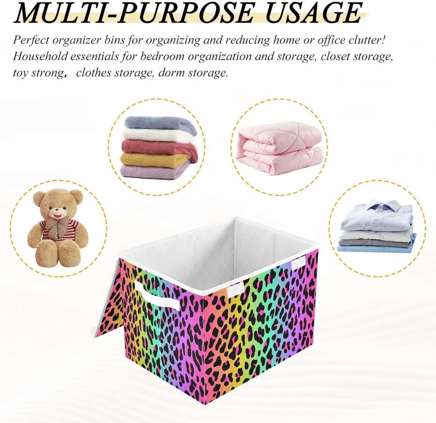 Large Collapsible Storage Bins with Lids, Rainbow Leopard Animal Storage Baskets Organizer Containers with Handles for Nursery Clothes Toys