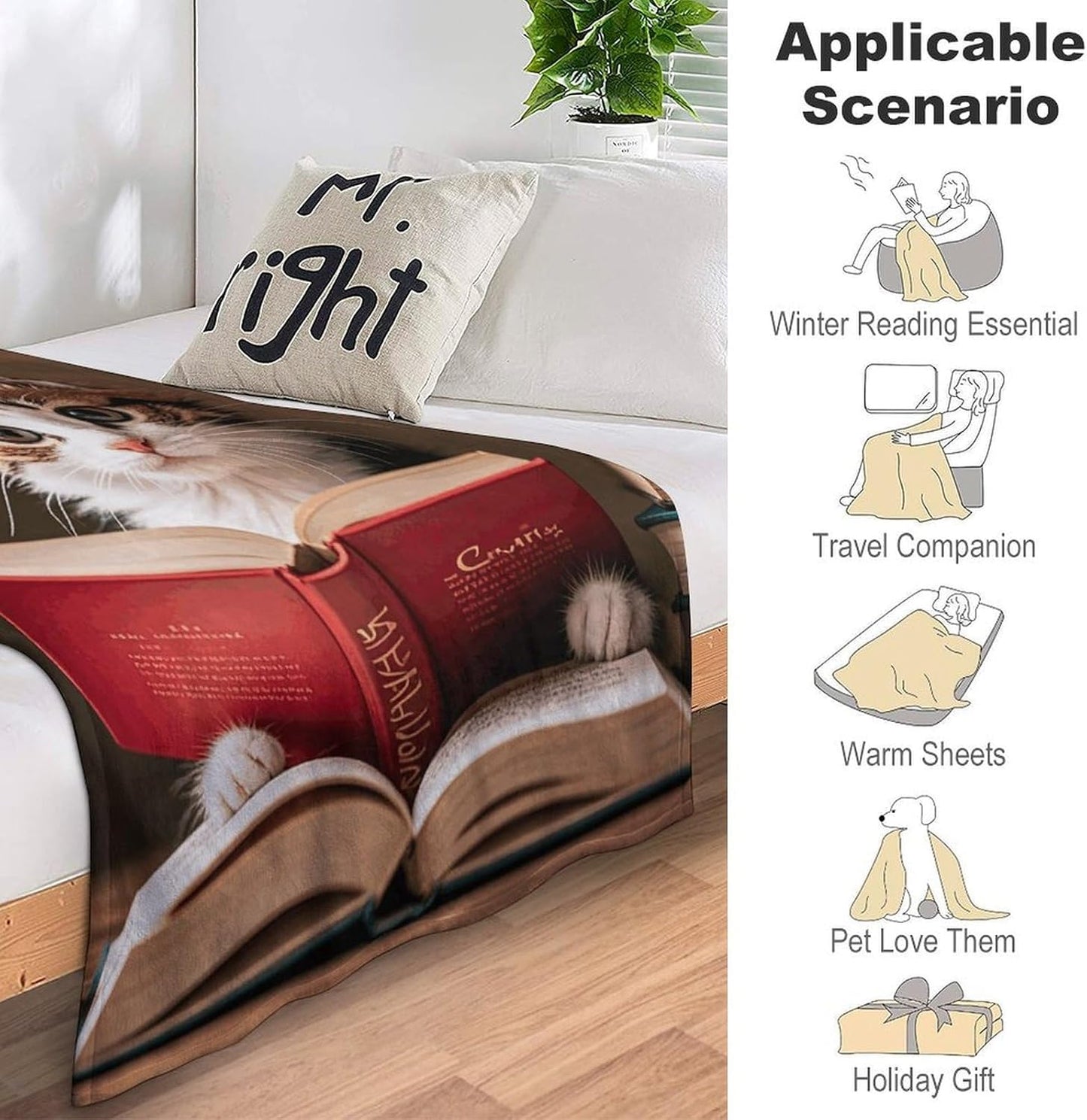 Custom Flannel Fleece Throw Blanket for Adults 60x80 Lightweight Kitten Reading A Book Bedtime Blanket Soft Warm Blankets for Bed Couch Sofa Camping Picnic Wedding Gift Winter Home Decora