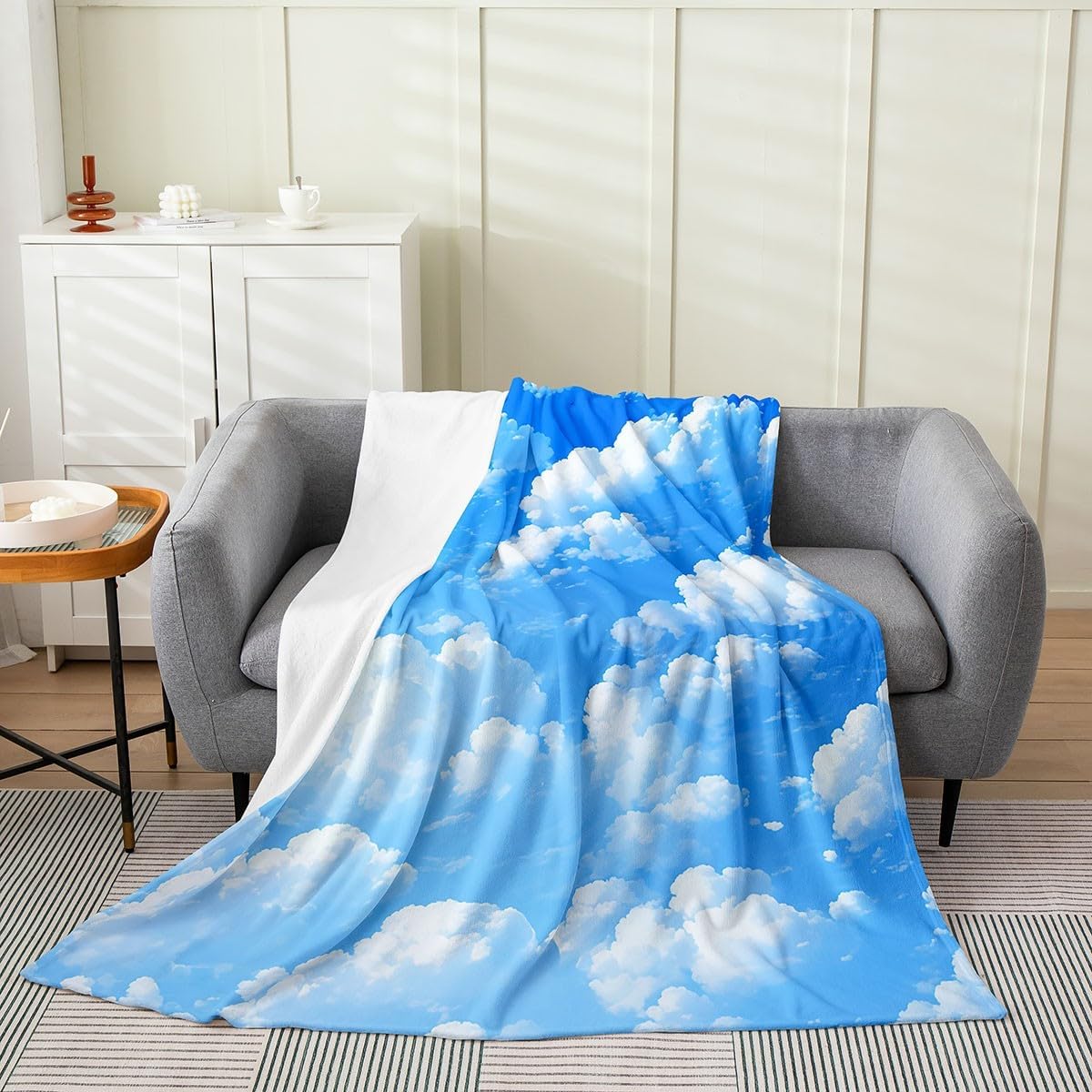 Blue Sky Kids Throw Blanket White Cloud Print Watercolor Bed Blanket for Bed Couch Natural Scenery Painting Bed Blanket Soft Warm Lightweight for Adults，Throw (50x60 Inches)