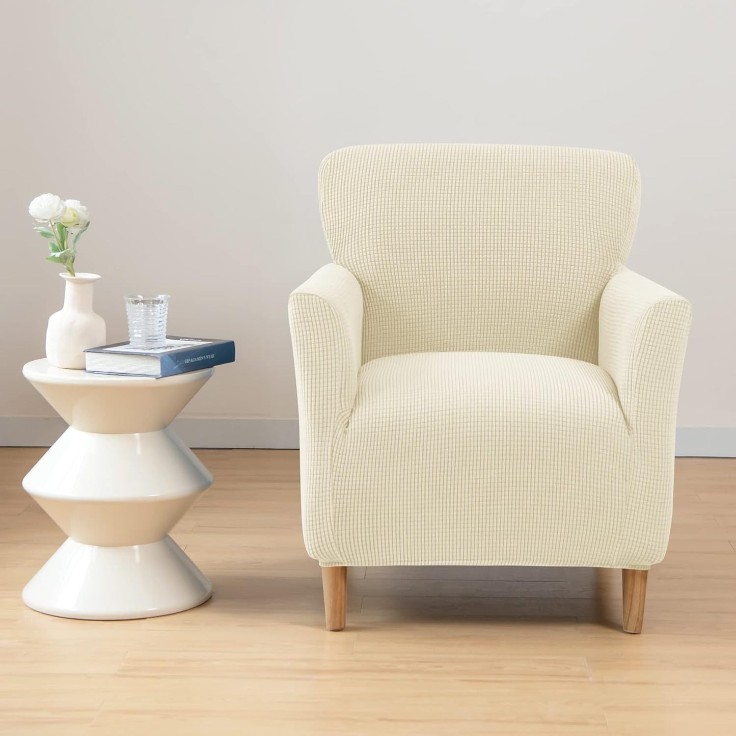 LiveGo Stretch Mid Century Modern Armchair Slipcover 1-Piece Jacquard Accent Chair Covers with Arms Soft Waterproof Chair Slipcovers for Living Room Furniture Protector Office (Beige a)