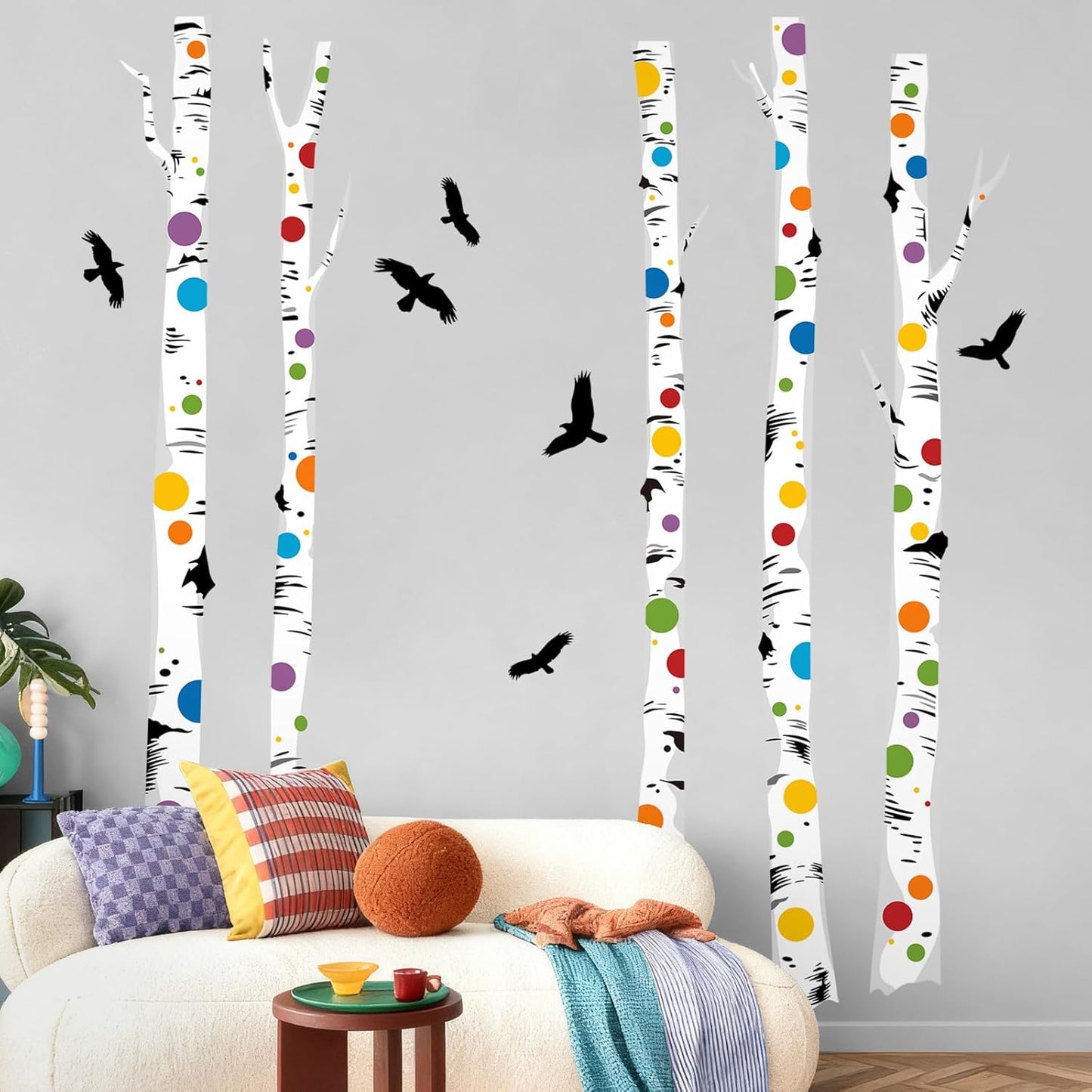 Birch Tree Wall Decals – Colorful Polka Dot Birch Tree Stickers for Aisle Bedroom Office Sofa TV Backdrop, Removable Peel and Stick Decal, Easy DIY Home Décor (5 Trees, H63)