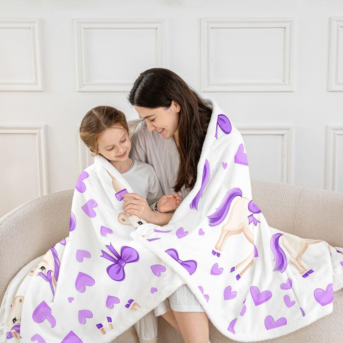 Purple Bow Unicorn Throw Blankets,Coquette Bowknot Fleece Blanket,Kids Girls Boys Adult Love Heart Pattern Fuzzy Blankets Cartoon Dreamy Sherpa Blanket Chair Sofa Bed Decor,30"×40"