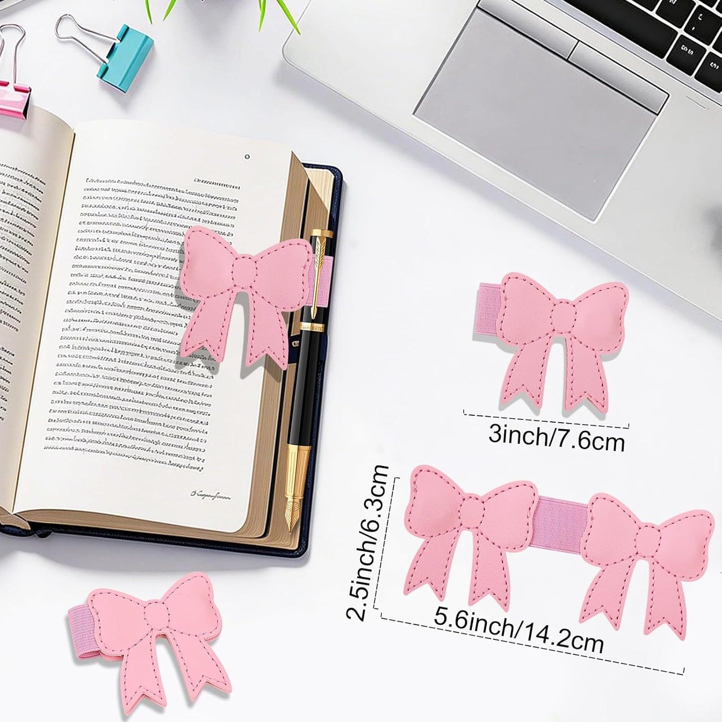 2 PCS Megnatic Leather Heart Bookmarks with Pen Holder, Bow-Shaped Bookmarks with Gift Box for Reading Women, Book Marks Clip Gift for Book Lover Readers