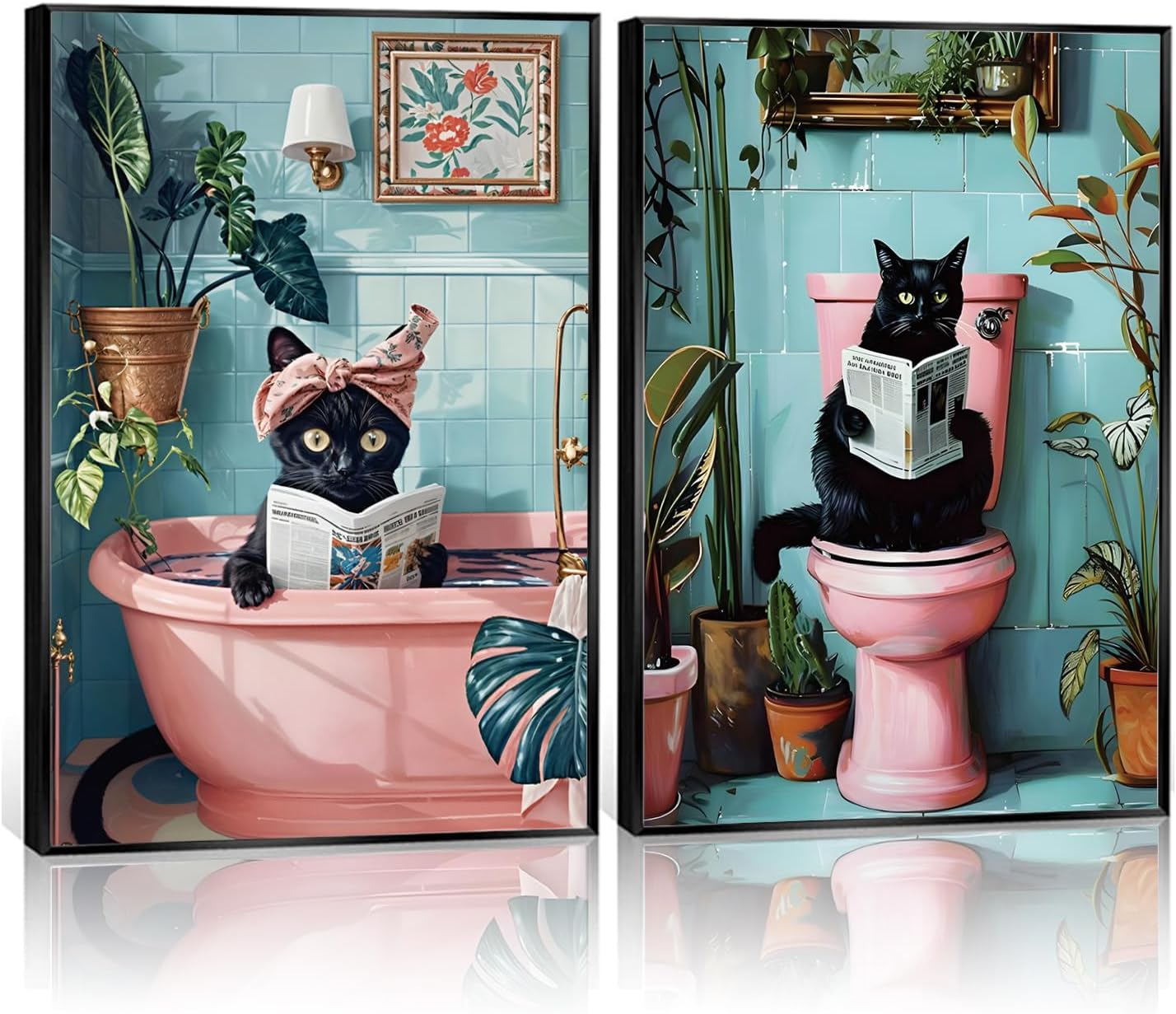 2 Pcs Cute Black Cat Bathroom Wall Art Funny Cat Reading Newspaper Paintings Pictures Wall Decor Pink Animal Plant Posters Prints for Bathroom Toilet Decorations Unframed 16x24 Inch